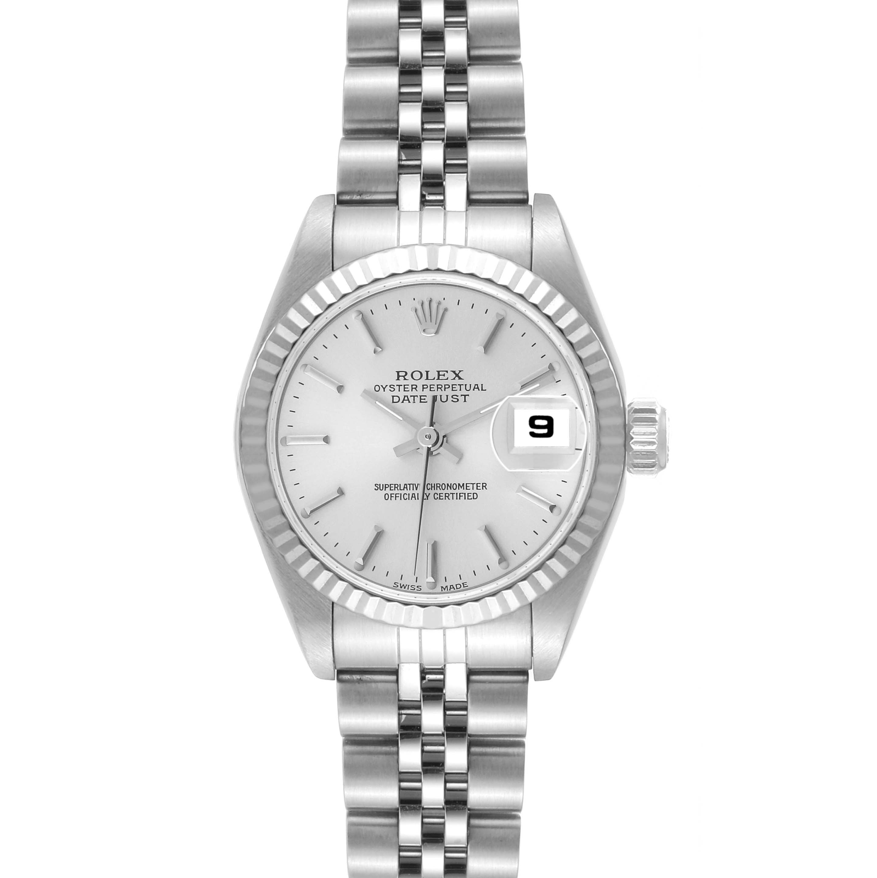 The image shows a frontal view of the Rolex Datejust 79174 Women's Stainless Steel Silver Dial 79174 Women's Stainless Steel Silver Dial watch, displaying its face, bezel, and part of the bracelet.