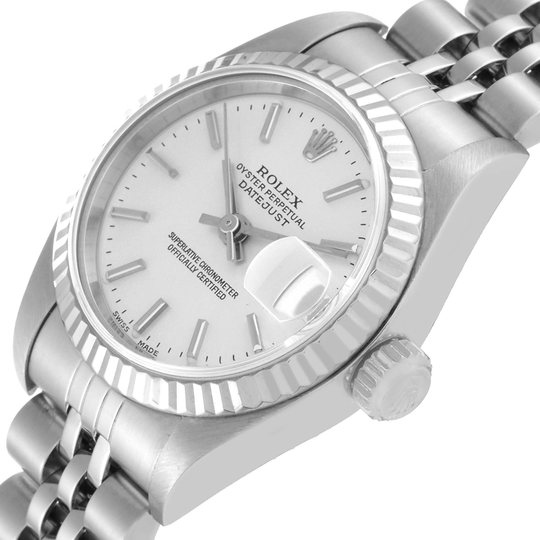 The image shows a close-up angle of a Rolex Datejust 79174 Women's Stainless Steel Silver Dial 79174 Women's Stainless Steel Silver Dial watch, highlighting the dial, fluted bezel, and part of the Jubilee bracelet.