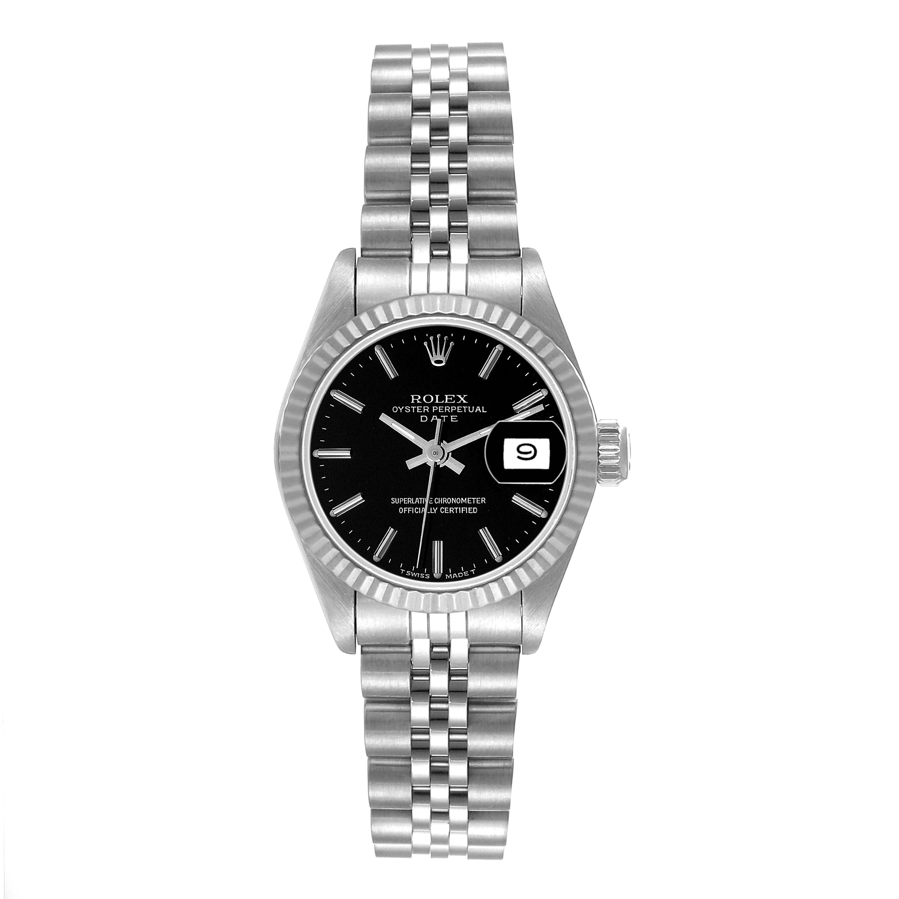 The image shows a front view of a Rolex Datejust 69174 Women's Stainless Steel Black Dial 69174 Women's Stainless Steel Black Dial watch with a black dial and a silver Jubilee bracelet.