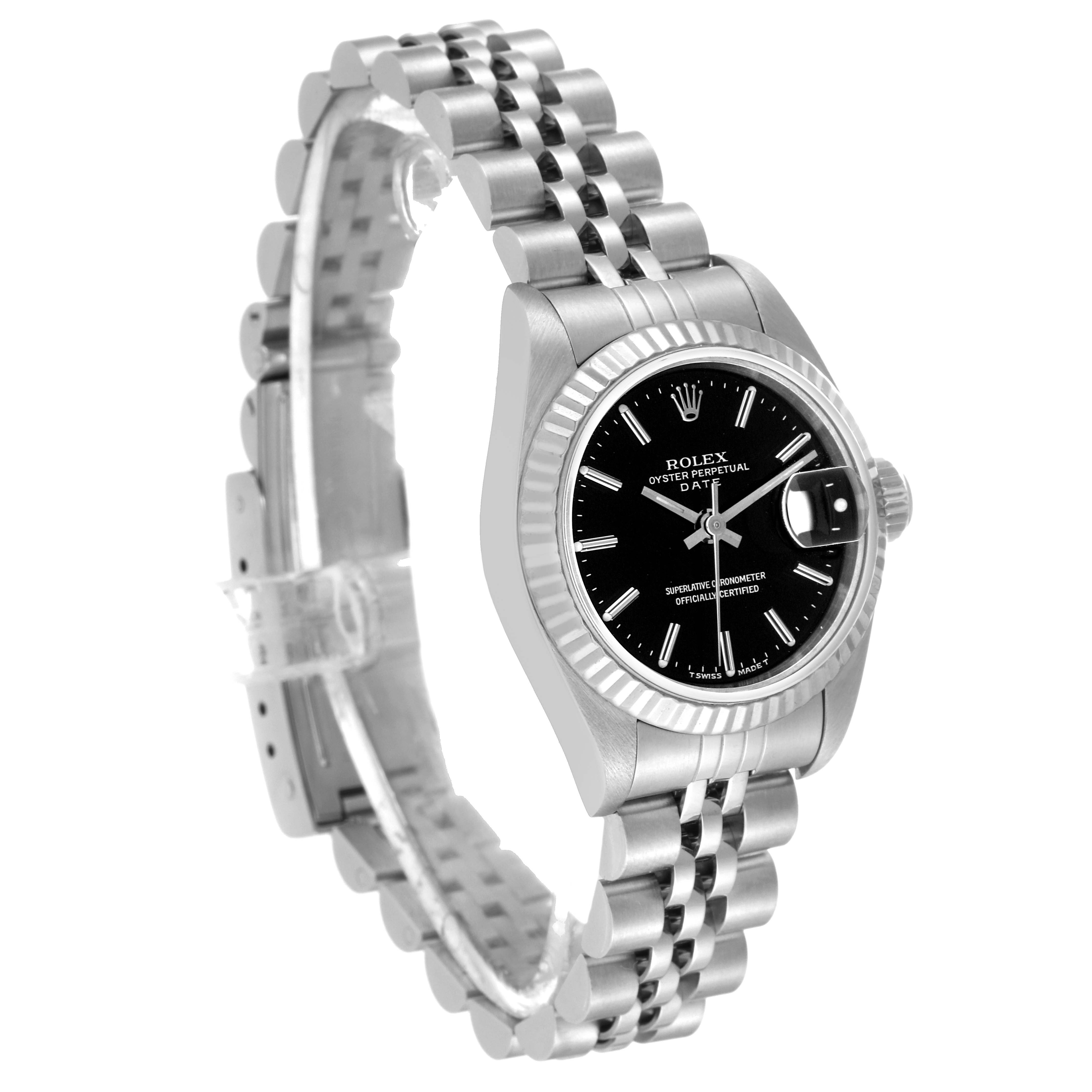 This image shows a Rolex Datejust 69174 Women's Stainless Steel Black Dial 69174 Women's Stainless Steel Black Dial watch from a three-quarter angle, highlighting the black dial, fluted bezel, and Jubilee bracelet.