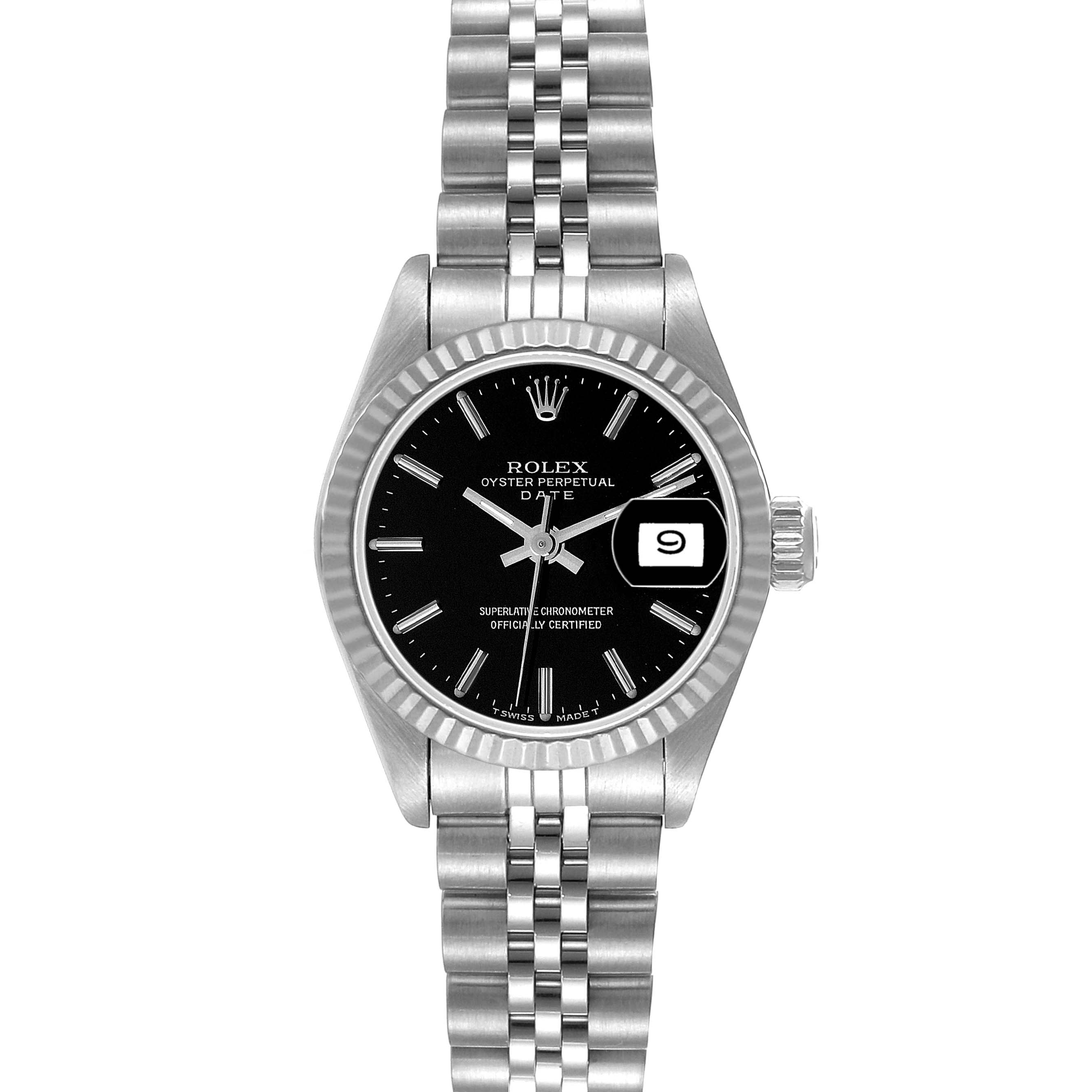 The image shows a front view of a Rolex Datejust 69174 Women's Stainless Steel Black Dial 69174 Women's Stainless Steel Black Dial watch, highlighting its black dial, Oyster bracelet, and cyclops date window.