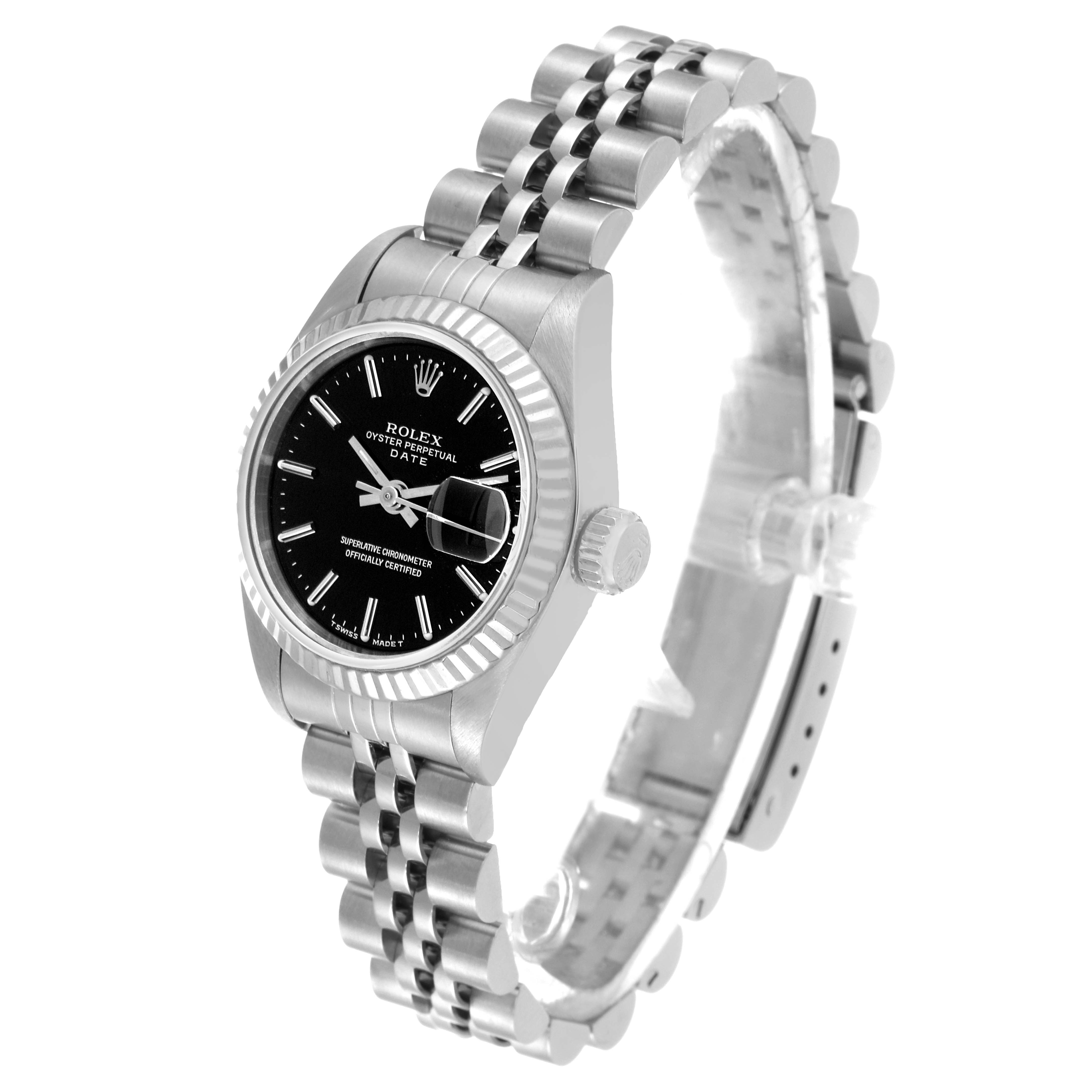 The image shows a side and front angle of a Rolex Datejust 69174 Women's Stainless Steel Black Dial 69174 Women's Stainless Steel Black Dial watch, highlighting the bracelet and case.