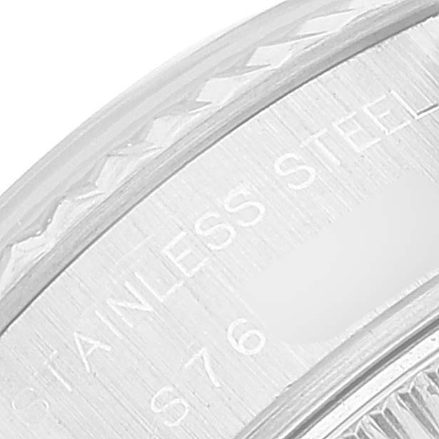 This close-up image shows the side engraving and bezel details of a Rolex Datejust 69174 Women's Stainless Steel Black Dial 69174 Women's Stainless Steel Black Dial watch.