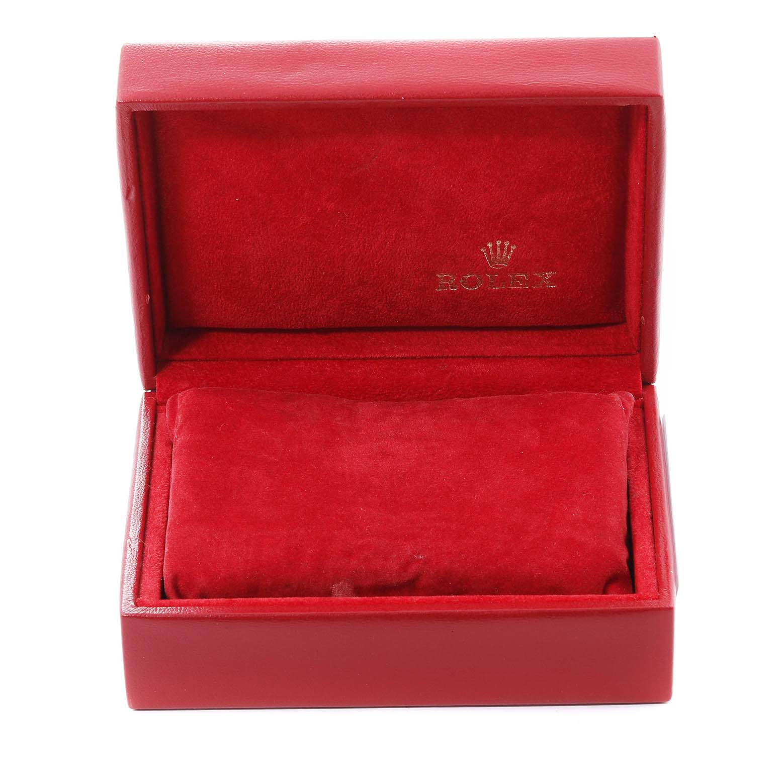 This image shows an open red Rolex Datejust 69174 Women's Stainless Steel Black Dial 69174 Women's Stainless Steel Black Dial watch box, displaying the brand name and logo inside the lid.