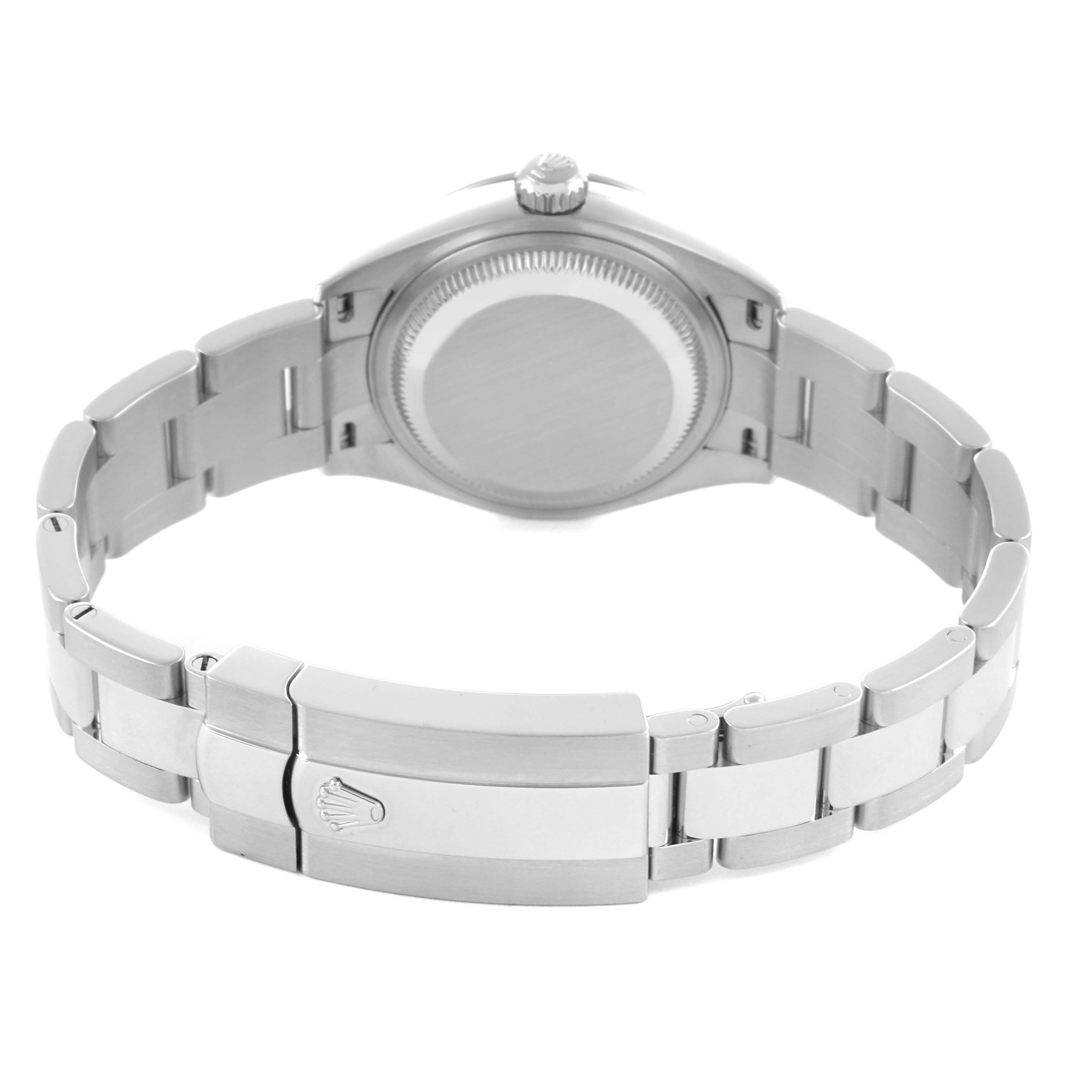 The Rolex Datejust 279160 Women's Stainless Steel White Dial 279160 Women's Stainless Steel White Dial watch is shown from the back, displaying the case back and metal bracelet with the clasp visible.
