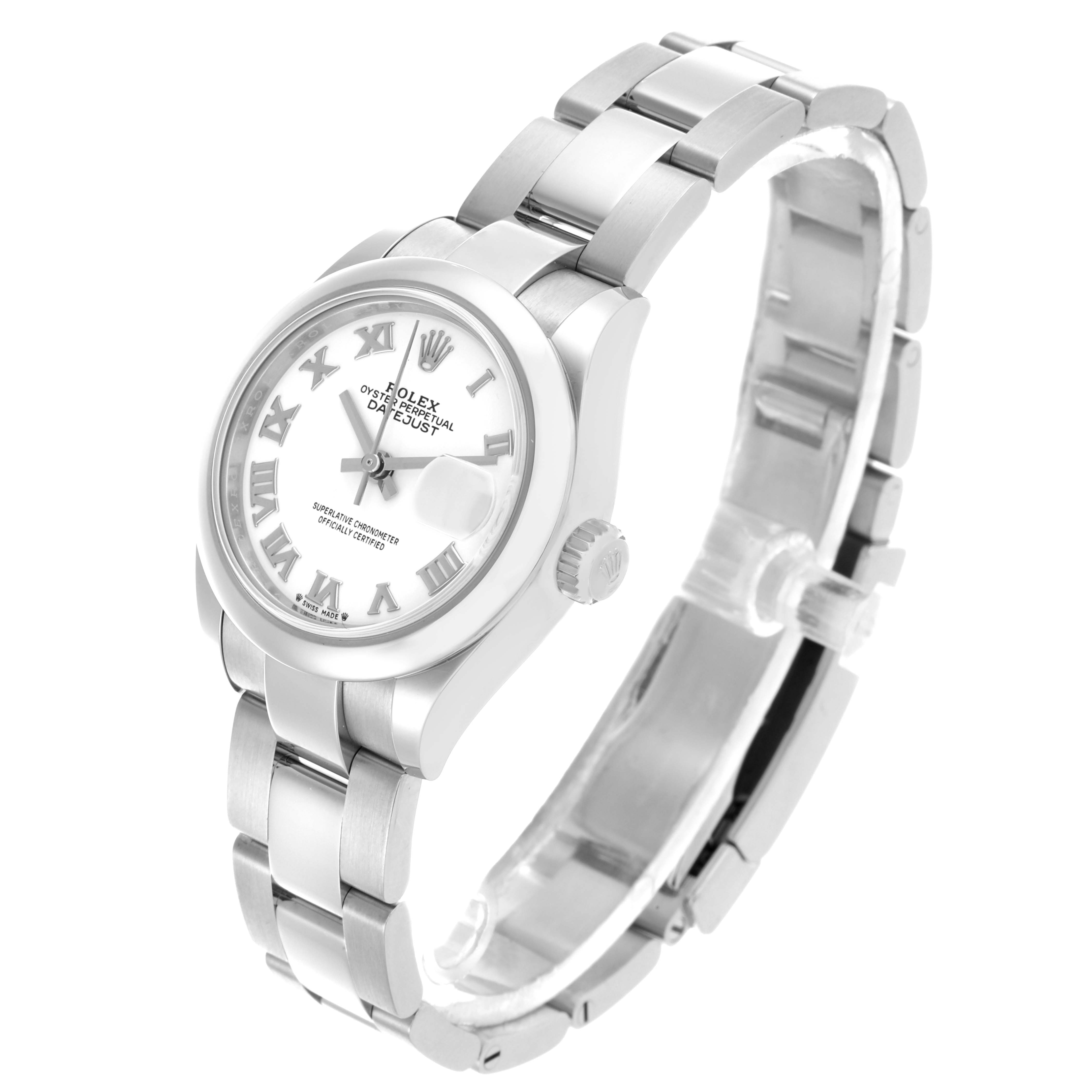 The Rolex Datejust 279160 Women's Stainless Steel White Dial 279160 Women's Stainless Steel White Dial watch is shown at a three-quarter angle, highlighting the dial, bezel, and bracelet.