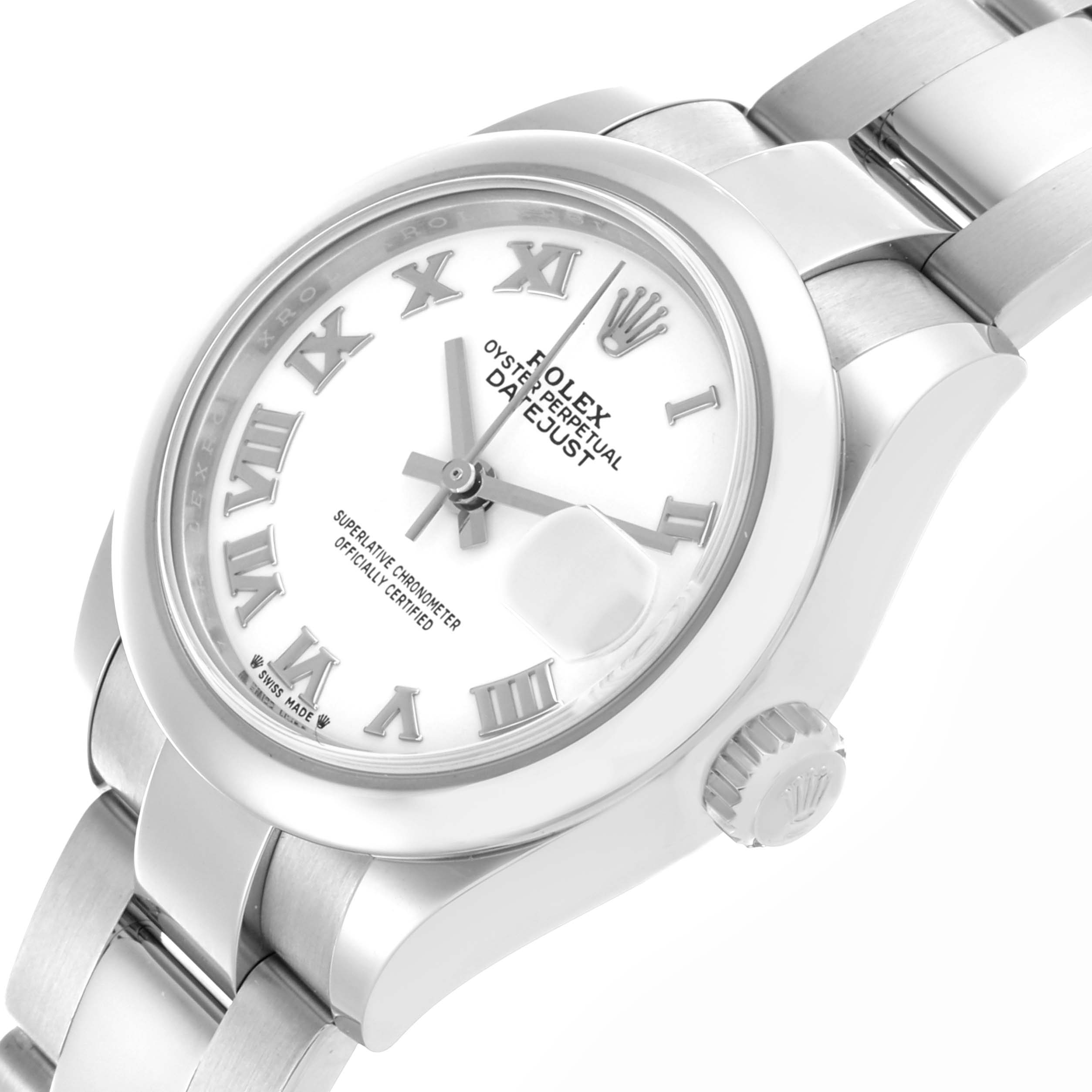 The image shows a Rolex Datejust 279160 Women's Stainless Steel White Dial 279160 Women's Stainless Steel White Dial watch at an oblique angle, highlighting the dial, bezel, bracelet, and crown.