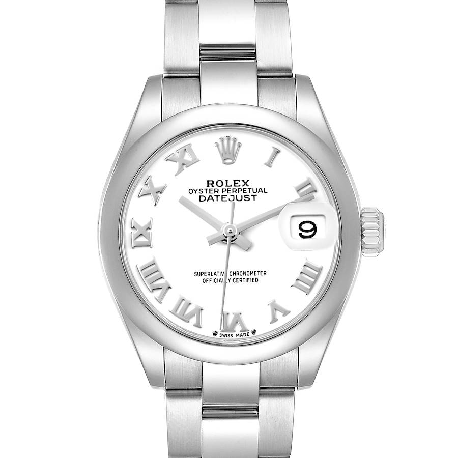 The Rolex Datejust watch is shown from a front angle, highlighting the dial, bracelet, and date window.