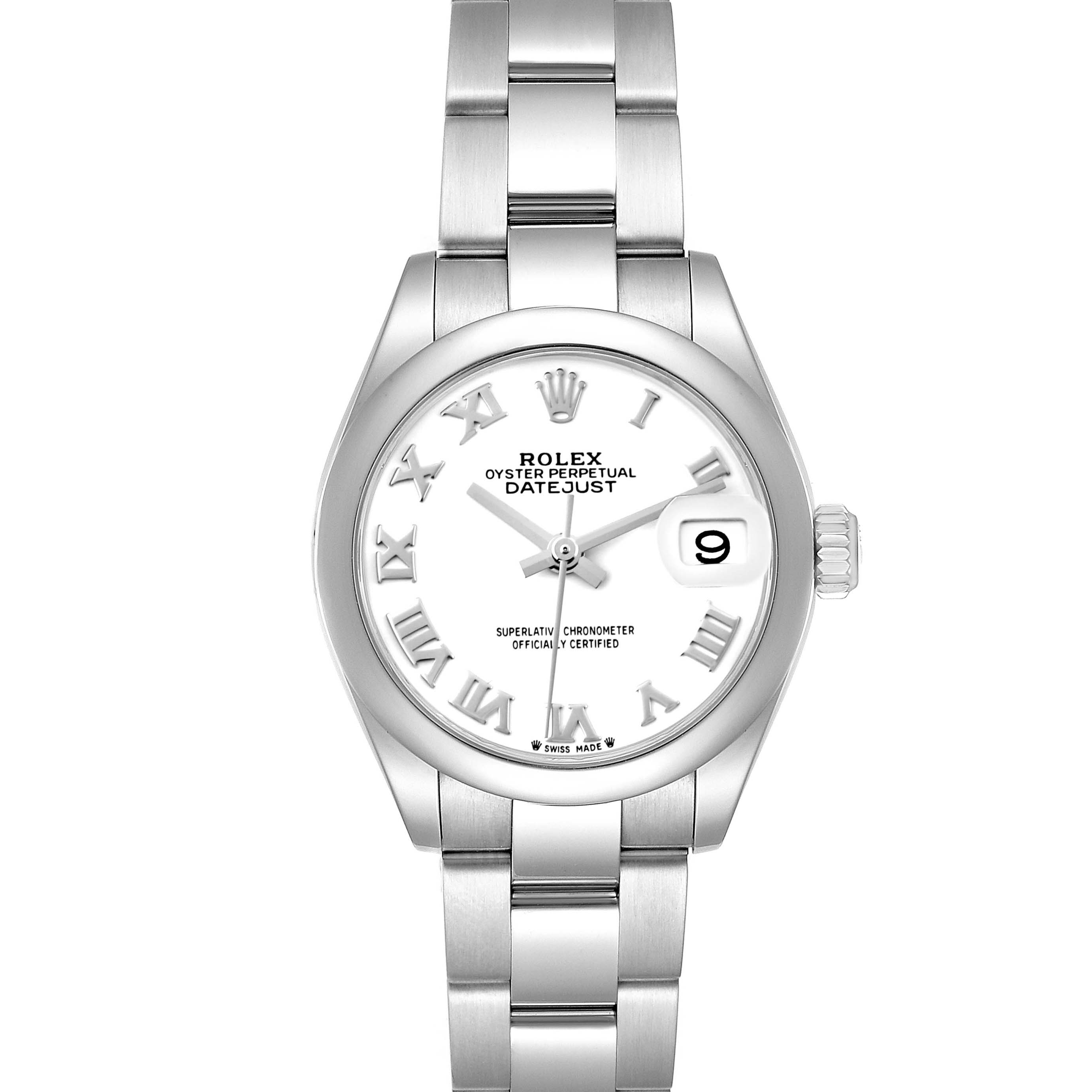 The Rolex Datejust 279160 Women's Stainless Steel White Dial 279160 Women's Stainless Steel White Dial watch is shown from a frontal view, displaying the face, bracelet, crown, and Roman numeral markers.