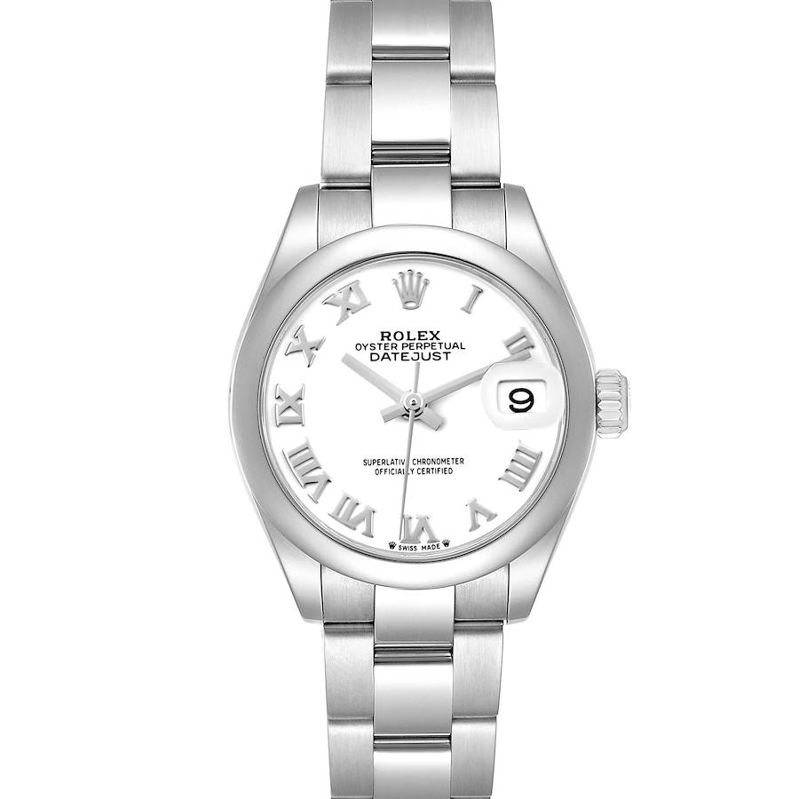 The Rolex Datejust watch is shown from a frontal view, displaying the face, bracelet, crown, and Roman numeral markers.