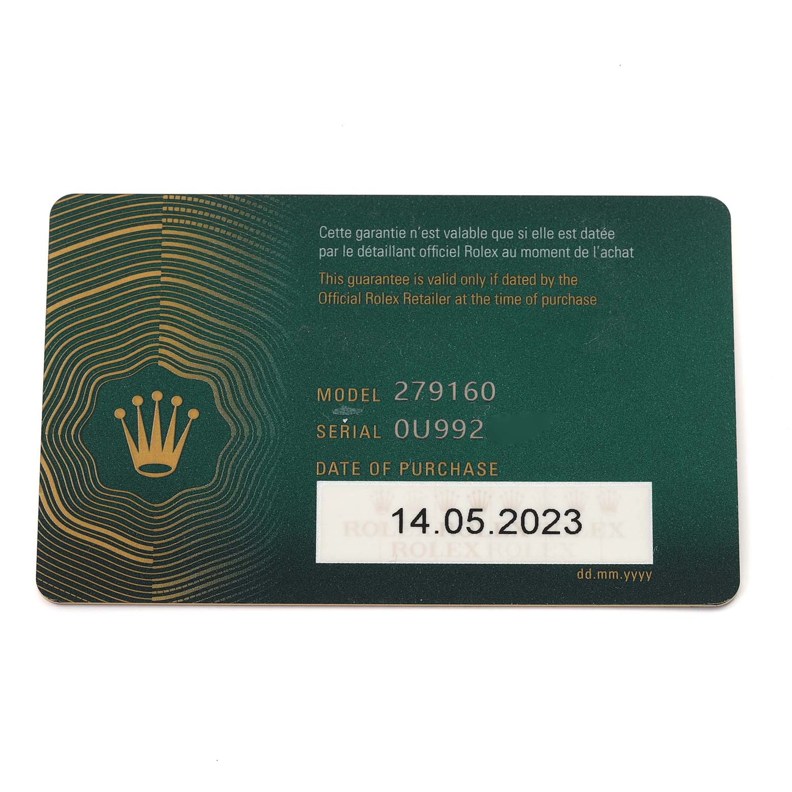 The image shows a Rolex Datejust 279160 Women's Stainless Steel White Dial 279160 Women's Stainless Steel White Dial warranty card from a top-down angle, featuring model and serial numbers.