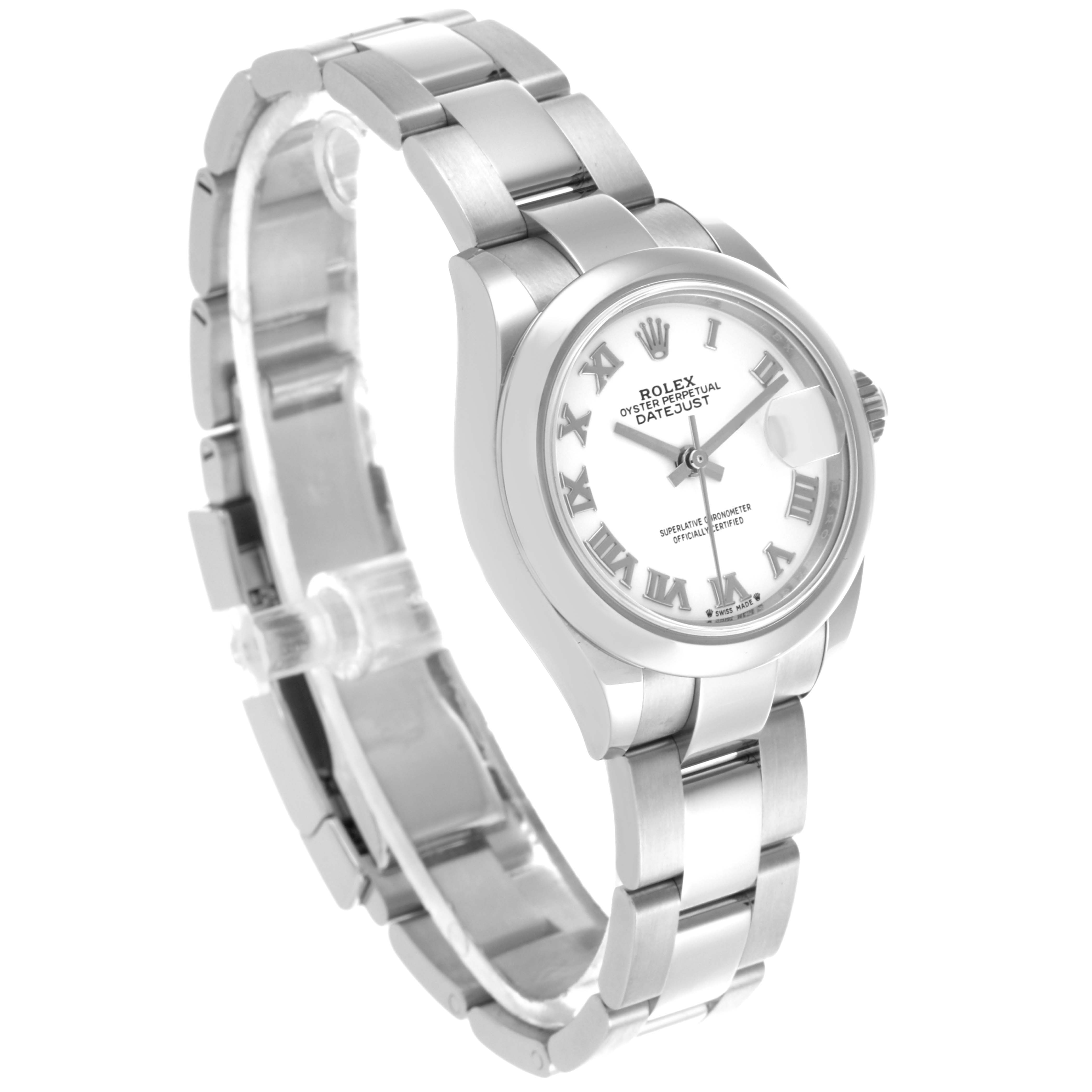 The Rolex Datejust 279160 Women's Stainless Steel White Dial 279160 Women's Stainless Steel White Dial watch is shown at an angled view, highlighting the face, bezel, and bracelet.