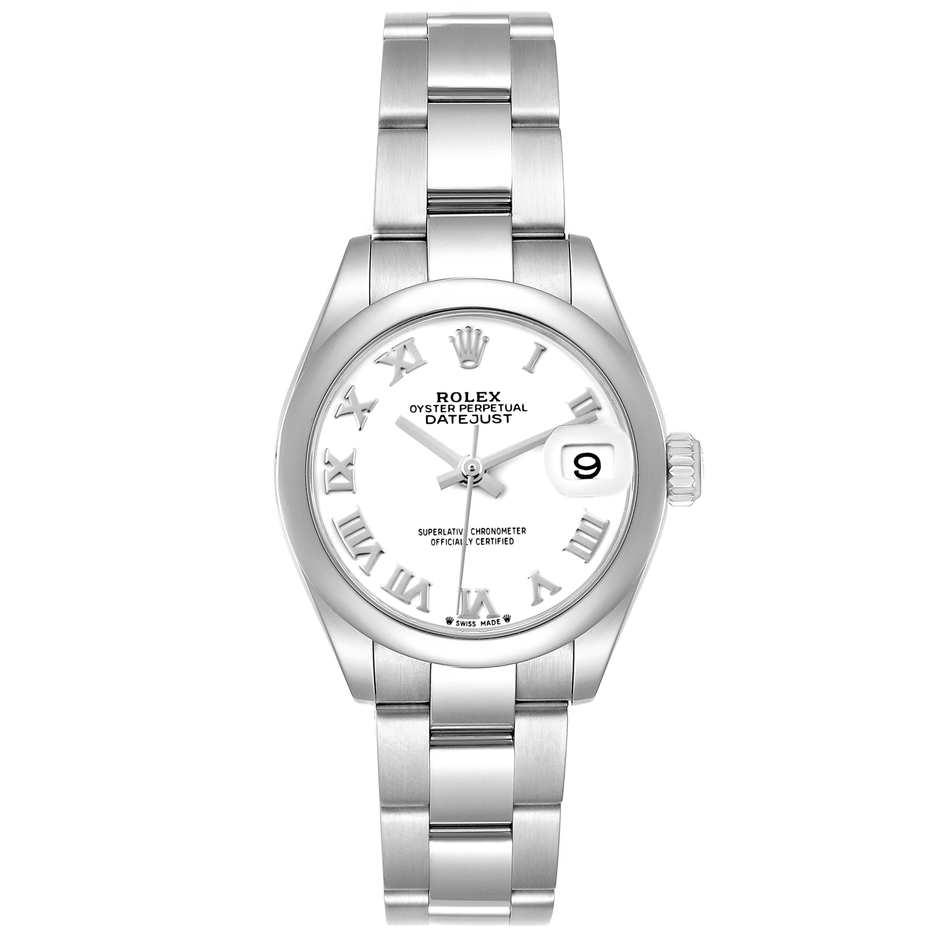 The Rolex Datejust 279160 Women's Stainless Steel White Dial 279160 Women's Stainless Steel White Dial watch is shown from a top-down angle, displaying the entire face, bracelet, and crown.