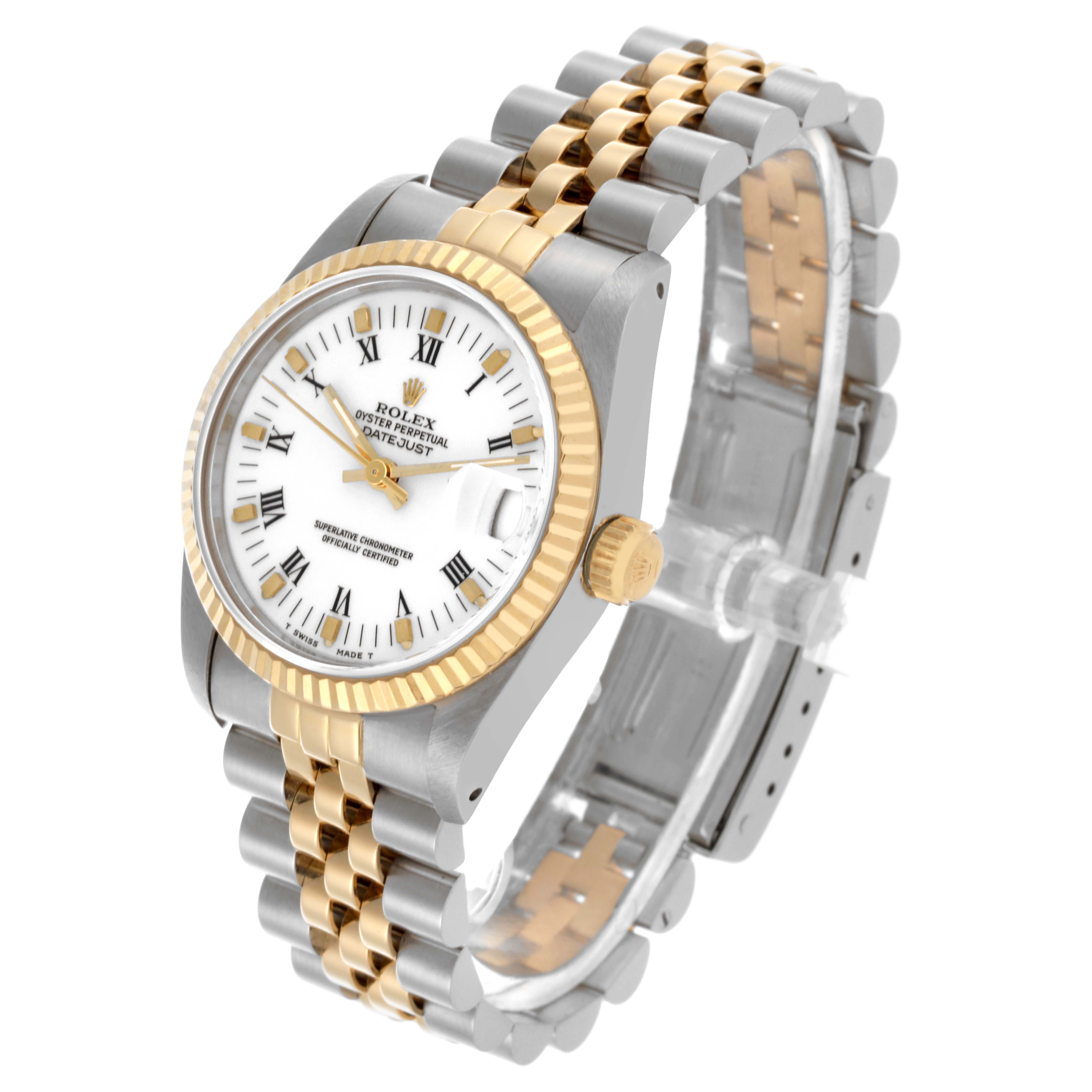 The Rolex Mid-Size 68273 Women's Steel and Gold (two tone) White Dial 68273 Women's Steel and Gold (two tone) White Dial watch is shown at an angled view, displaying the face, bezel, crown, and bracelet clearly.