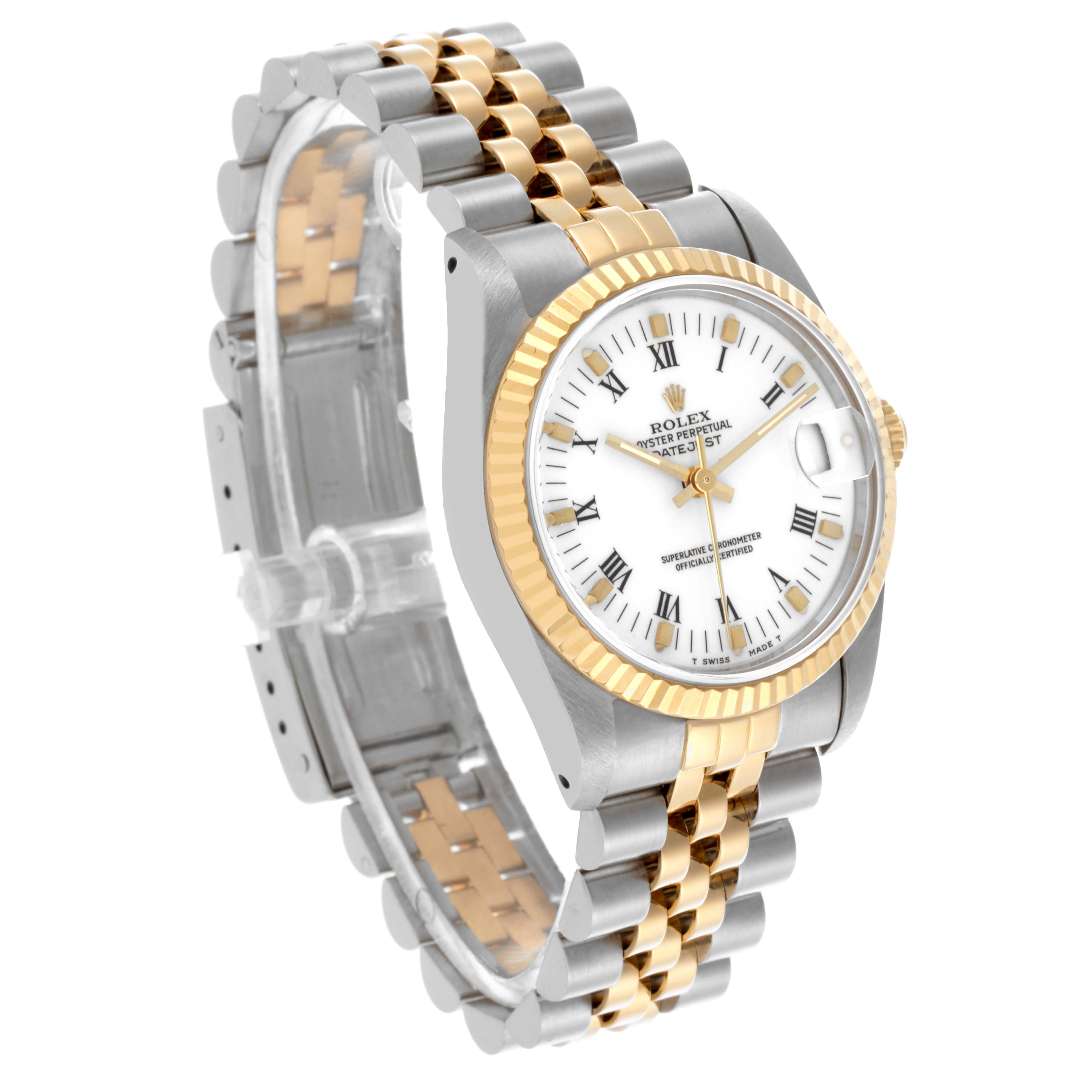 The Rolex Mid-Size 68273 Women's Steel and Gold (two tone) White Dial 68273 Women's Steel and Gold (two tone) White Dial watch is shown at a three-quarter angle, highlighting the dial, bezel, and two-tone bracelet.