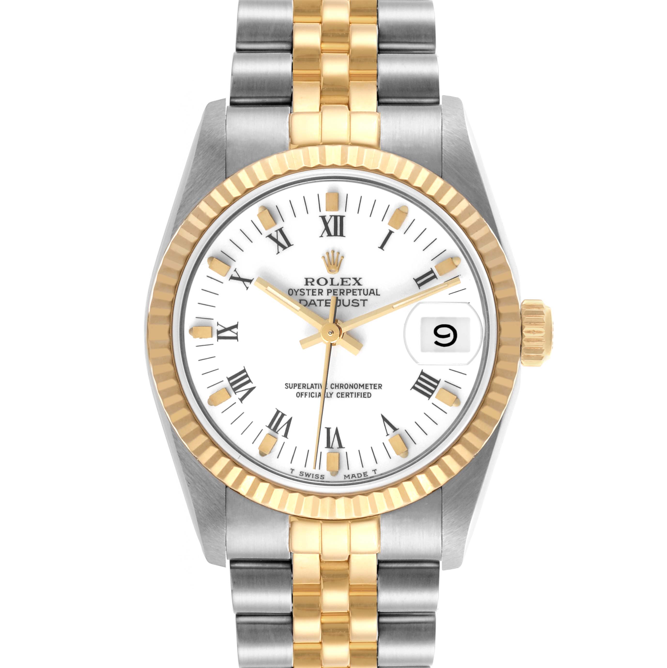 The Rolex Mid-Size 68273 Women's Steel and Gold (two tone) White Dial 68273 Women's Steel and Gold (two tone) White Dial watch is shown from the front, displaying the face, bezel, and bracelet.