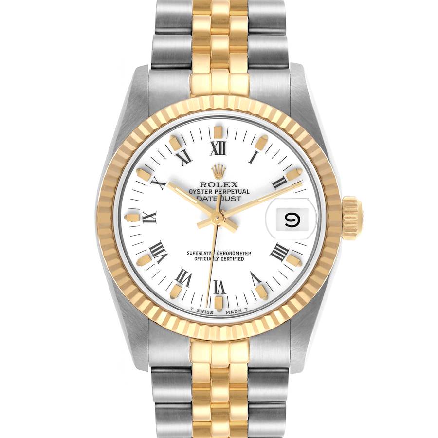 The Rolex Mid-Size watch is shown from the front, displaying the face, bezel, and bracelet.