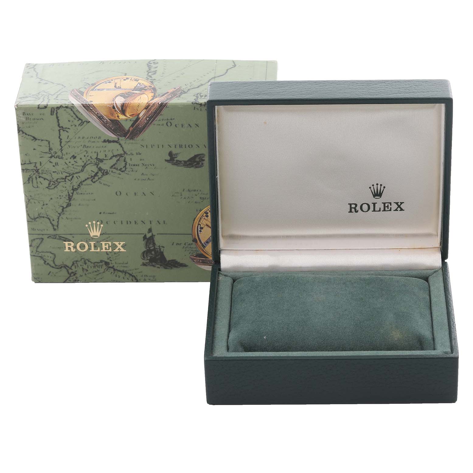 The image shows a Rolex Mid-Size 68273 Women's Steel and Gold (two tone) White Dial 68273 Women's Steel and Gold (two tone) White Dial watch box at an angle, displaying the exterior packaging and the open interior case.