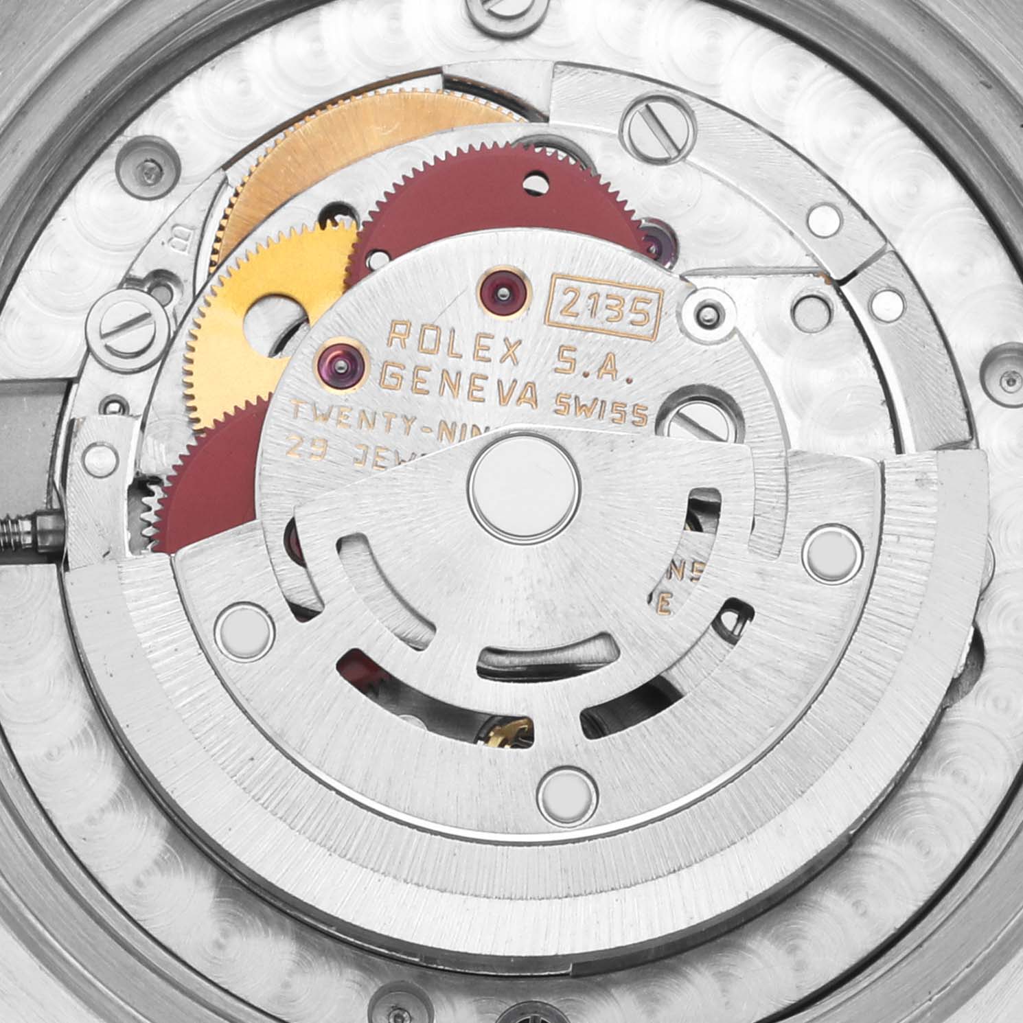 The image shows the inner mechanical movement of a Rolex Mid-Size 68273 Women's Steel and Gold (two tone) White Dial 68273 Women's Steel and Gold (two tone) White Dial model, focusing on the gears and rotor.
