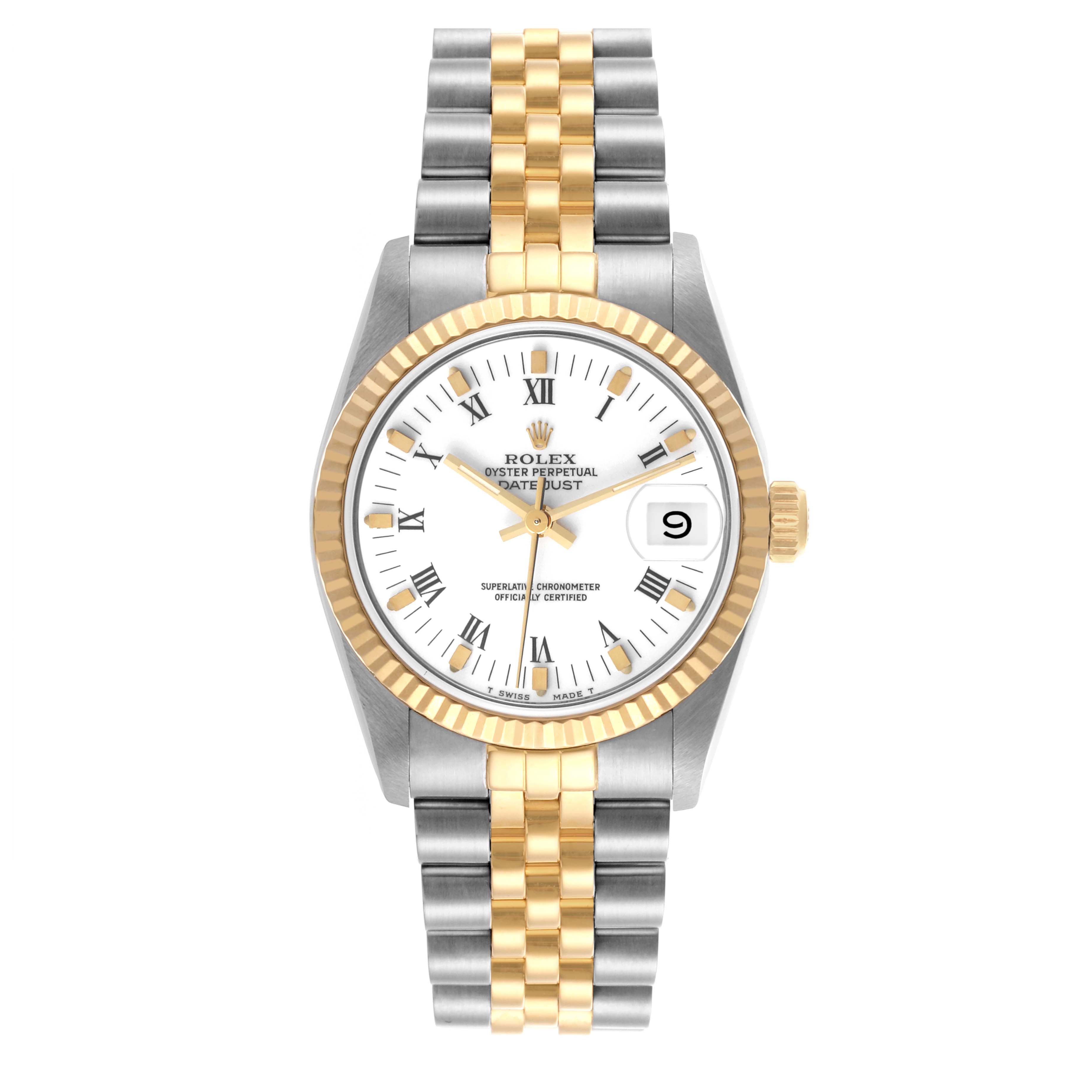 The Rolex Mid-Size 68273 Women's Steel and Gold (two tone) White Dial 68273 Women's Steel and Gold (two tone) White Dial watch is shown from a top-down view, highlighting the two-tone bracelet, dial, bezel, and date feature.