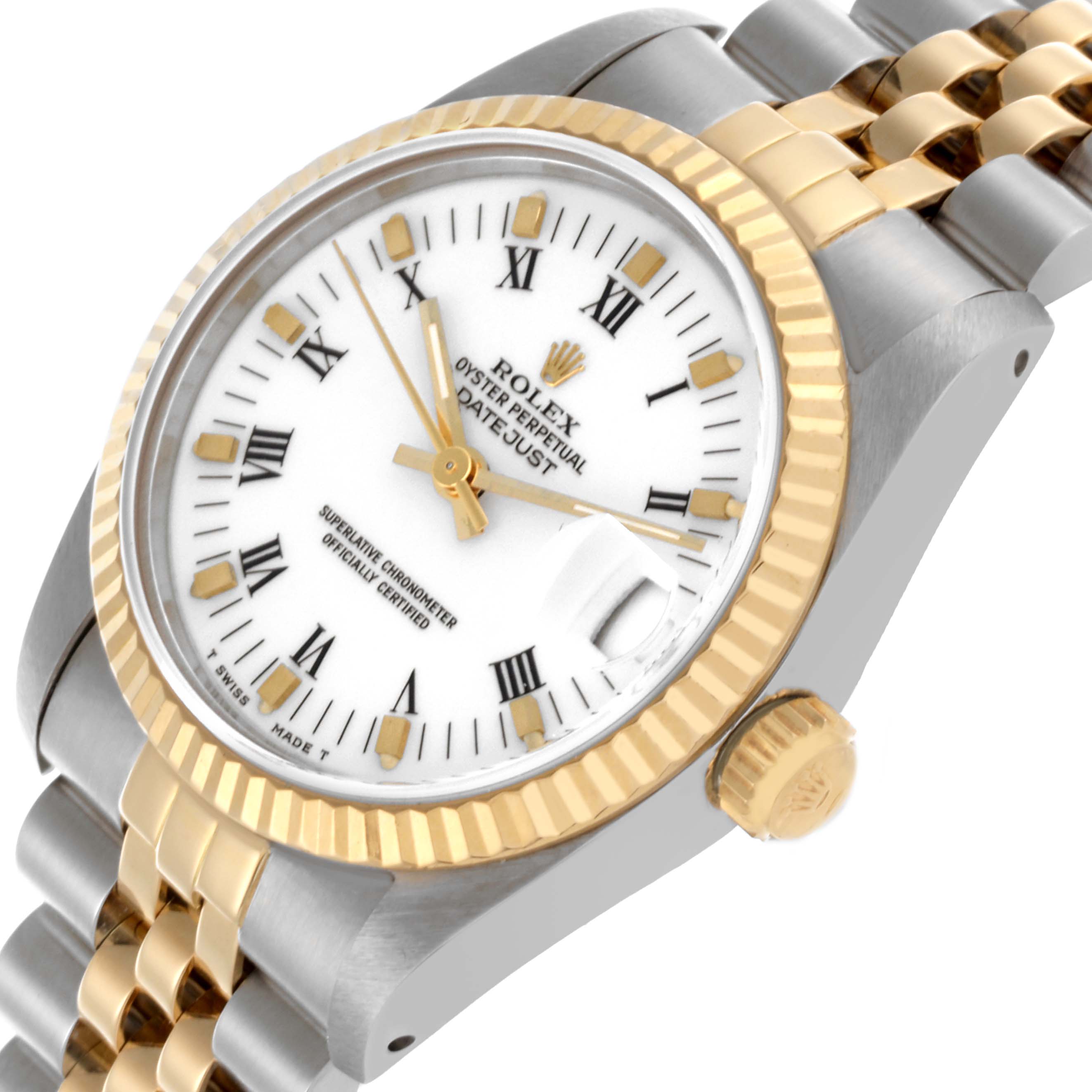 The image shows a Rolex Mid-Size 68273 Women's Steel and Gold (two tone) White Dial 68273 Women's Steel and Gold (two tone) White Dial Datejust from a three-quarter angle, highlighting the bezel, crown, dial, and Jubilee bracelet.