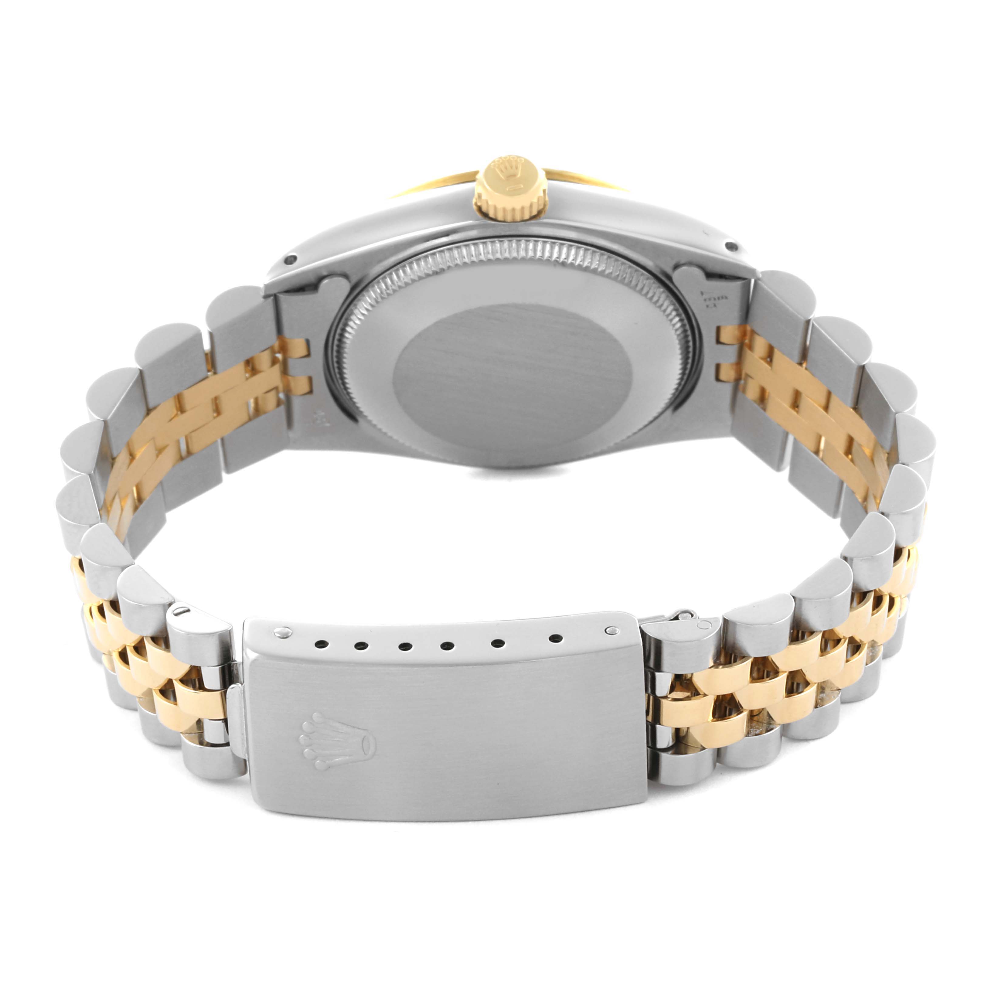 This image shows the back and bracelet of a Rolex Mid-Size 68273 Women's Steel and Gold (two tone) White Dial 68273 Women's Steel and Gold (two tone) White Dial watch, featuring a two-tone metal design.