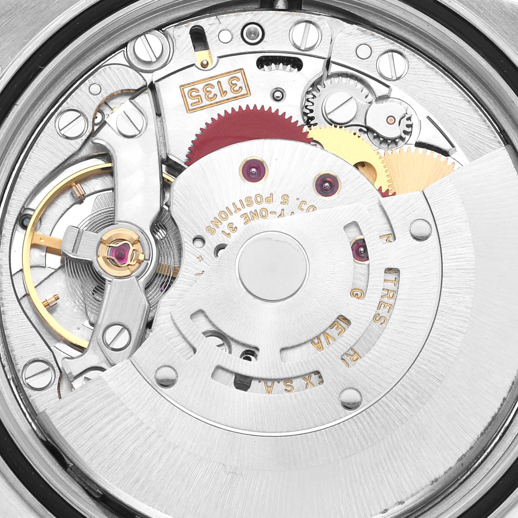 The image shows the inner mechanical movement of a Rolex Datejust 16220 Men's Stainless Steel Pink Dial 16220 Men's Stainless Steel Pink Dial watch, viewed from the back.