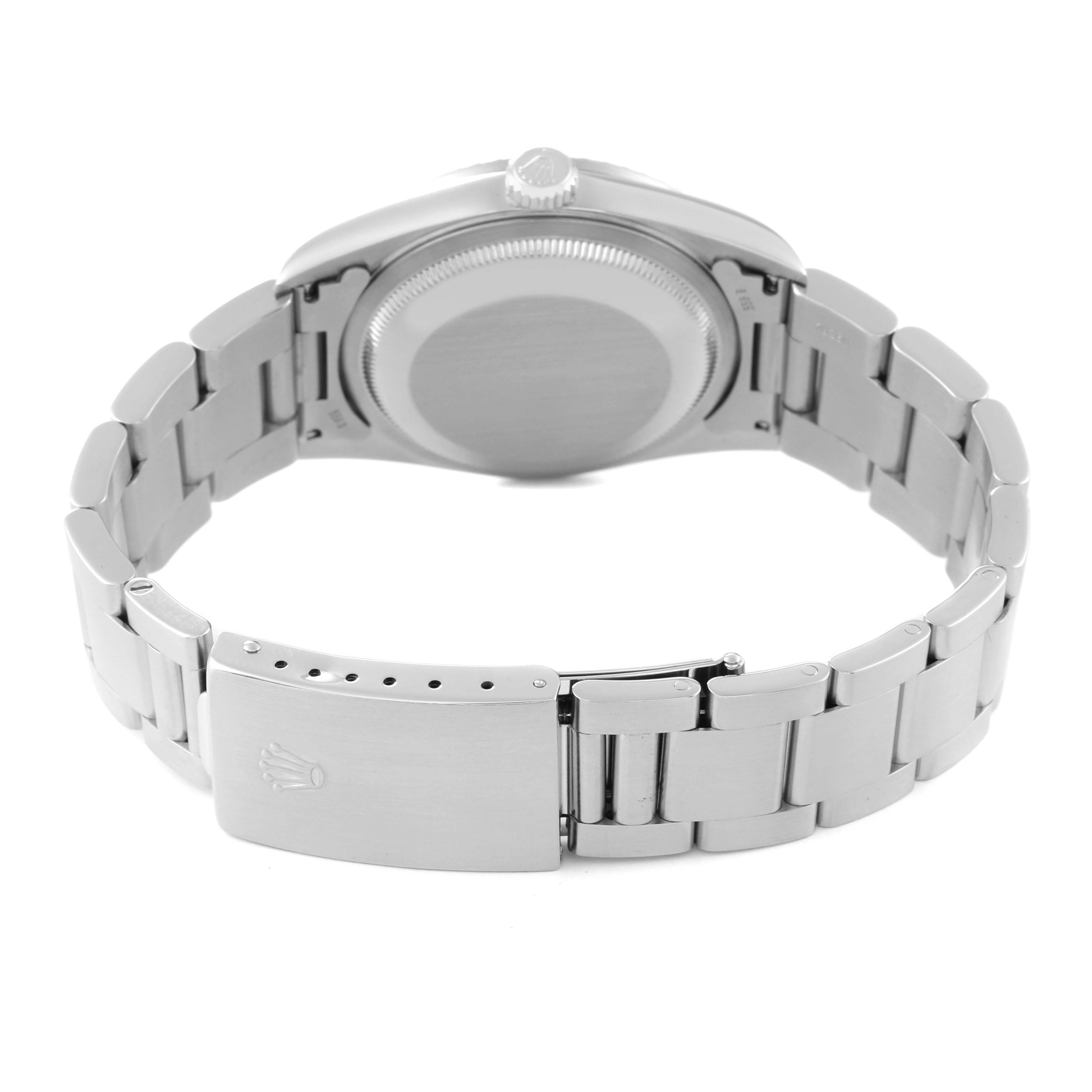 This image shows the back and clasp of a Rolex Datejust 16220 Men's Stainless Steel Pink Dial 16220 Men's Stainless Steel Pink Dial watch, featuring the bracelet and case back.