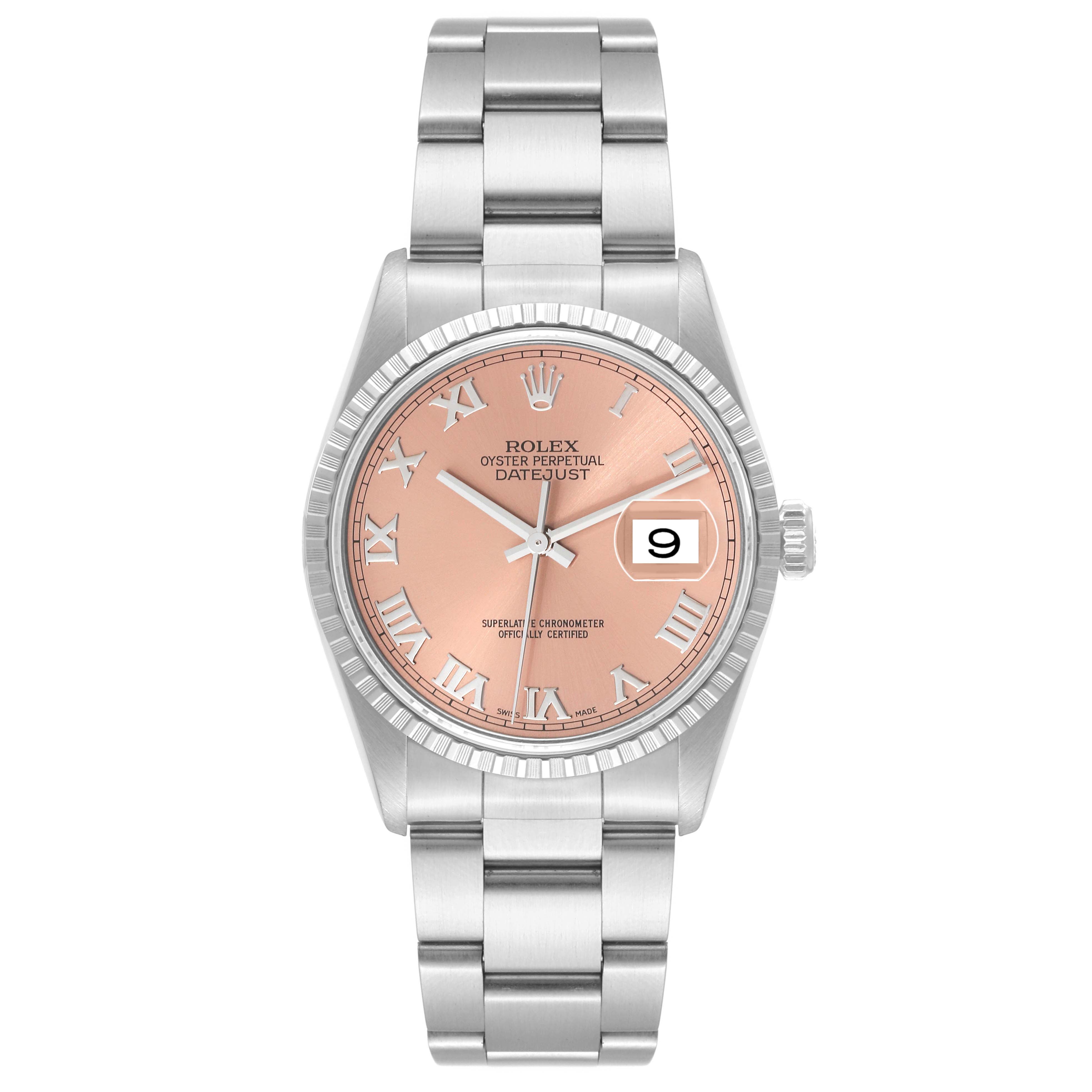This is a front view of a Rolex Datejust 16220 Men's Stainless Steel Pink Dial 16220 Men's Stainless Steel Pink Dial watch showcasing its dial, hands, bezel, and bracelet.