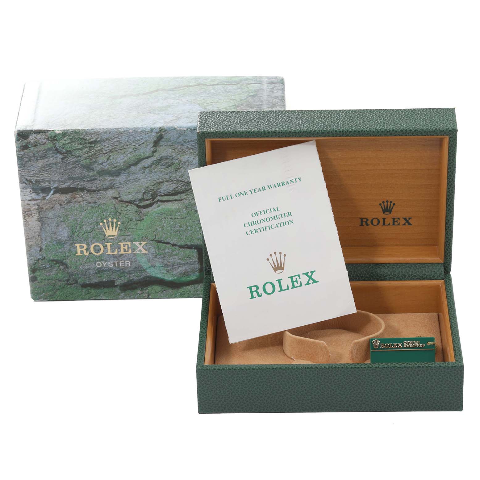 The image shows the packaging and warranty card for a Rolex Datejust 16220 Men's Stainless Steel Pink Dial 16220 Men's Stainless Steel Pink Dial watch, with the box partially open.