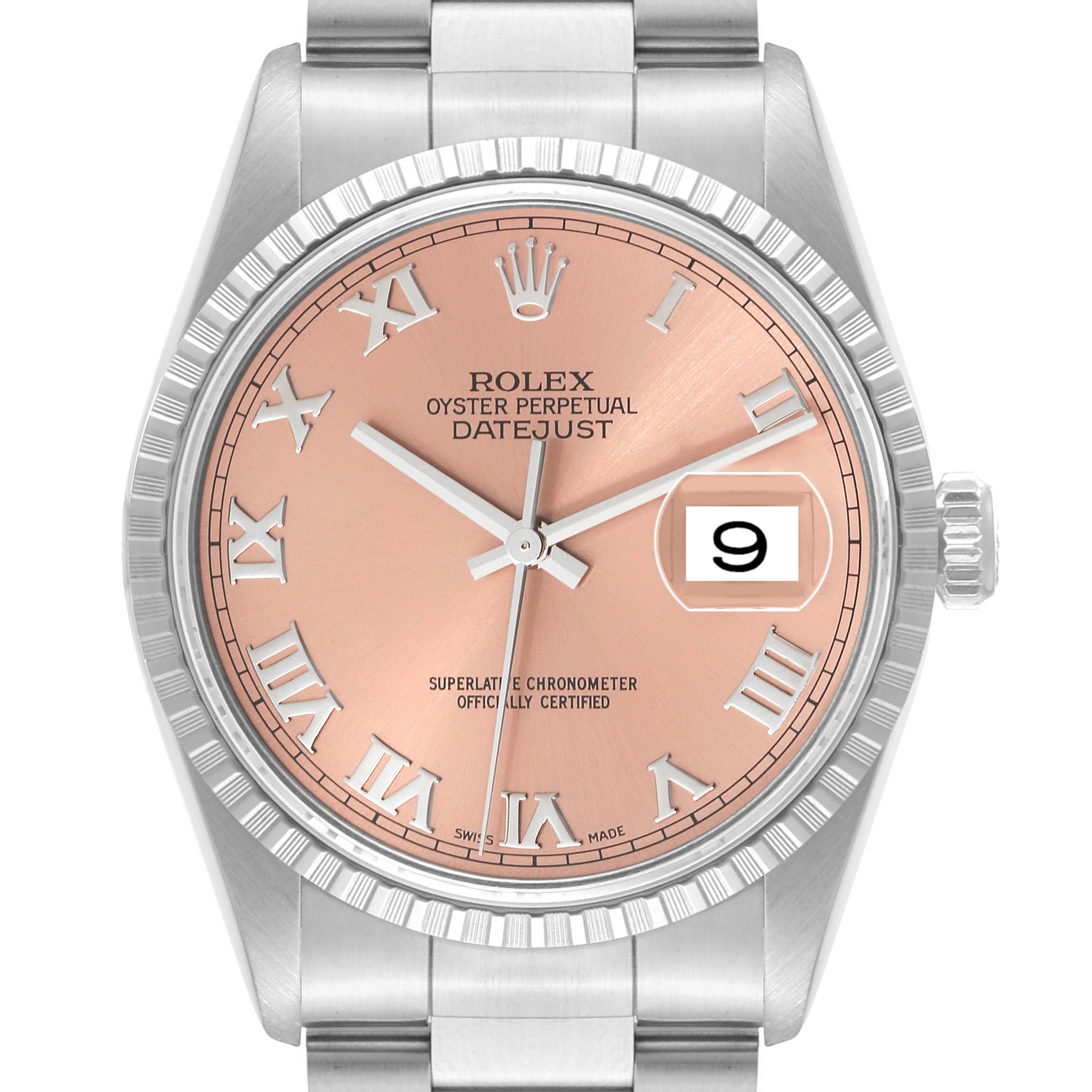 This Rolex Datejust 16220 Men's Stainless Steel Pink Dial 16220 Men's Stainless Steel Pink Dial watch is shown from a front angle, highlighting the dial, date window, bezel, and part of the bracelet.