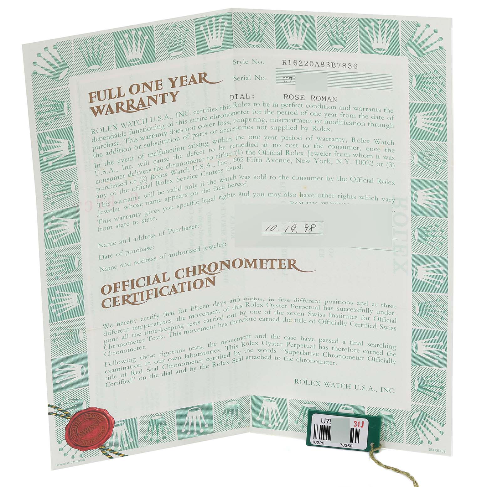 The image shows the warranty and official chronometer certification for the Rolex Datejust 16220 Men's Stainless Steel Pink Dial 16220 Men's Stainless Steel Pink Dial model.