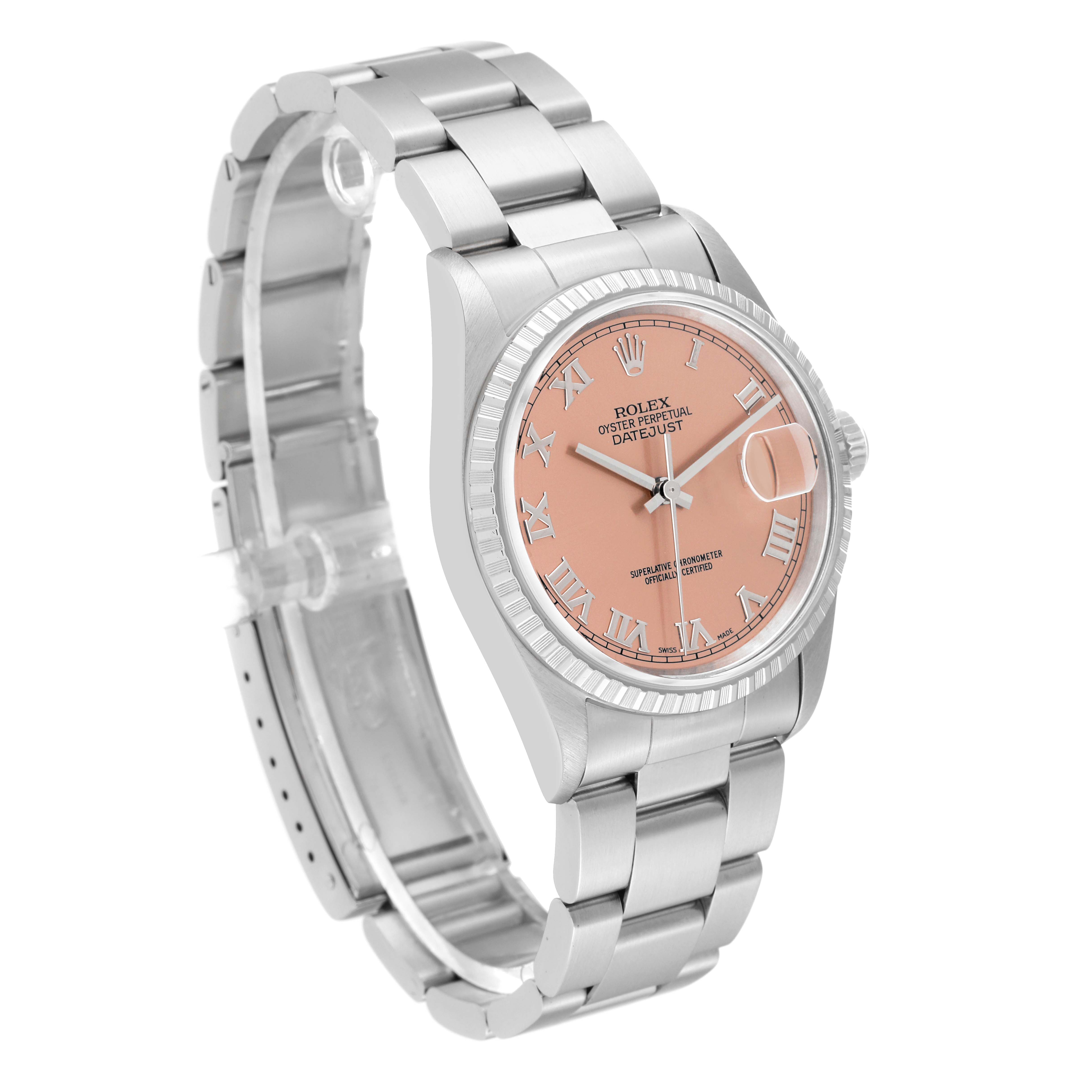 This image shows a Rolex Datejust 16220 Men's Stainless Steel Pink Dial 16220 Men's Stainless Steel Pink Dial watch from a three-quarter angle, highlighting the bracelet, case, dial, and bezel.