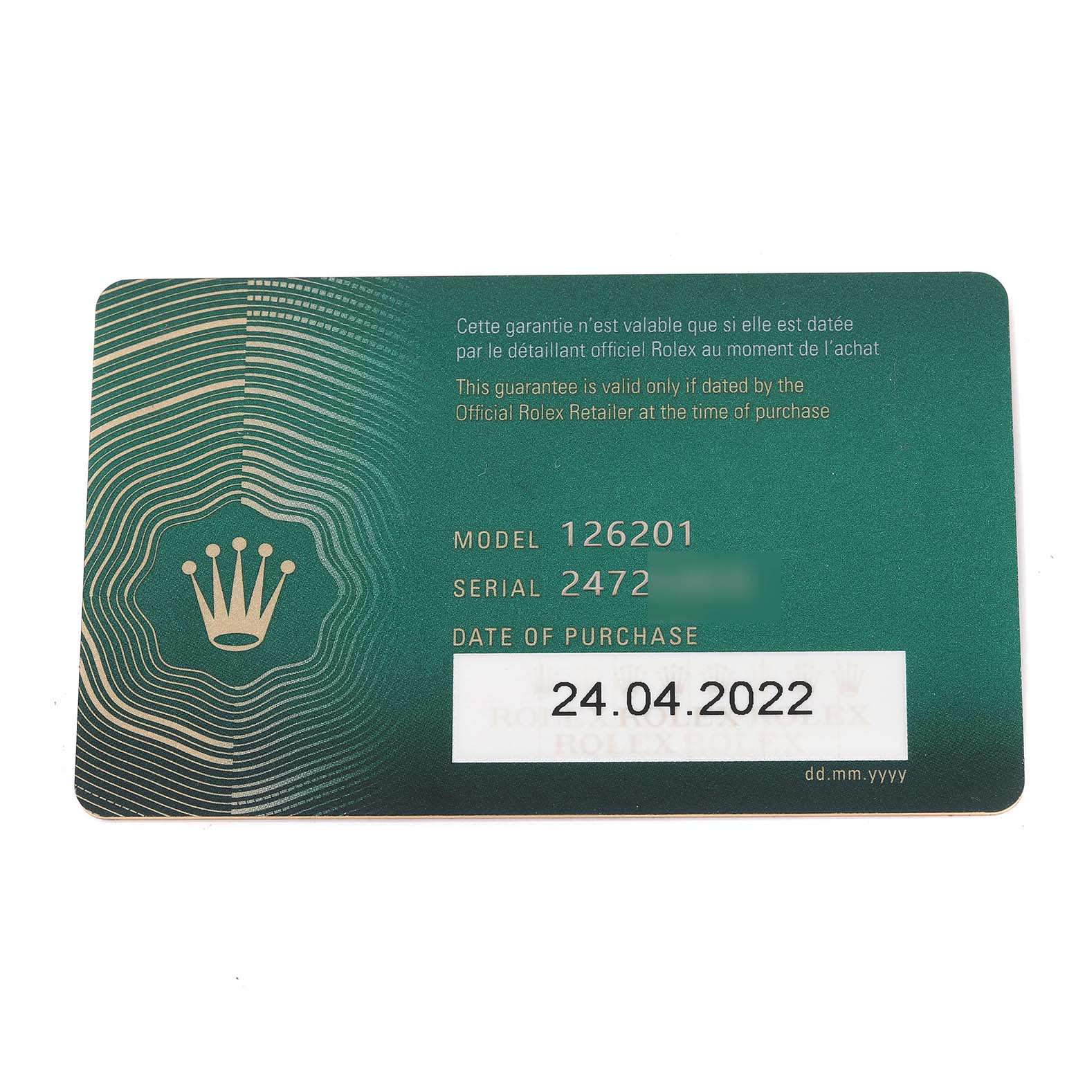 The image shows the warranty card of a Rolex Datejust 126201 Men's Steel and Gold (two tone) Grey Dial 126201 Men's Steel and Gold (two tone) Grey Dial model 126201, with the purchase date 24.04.2022.