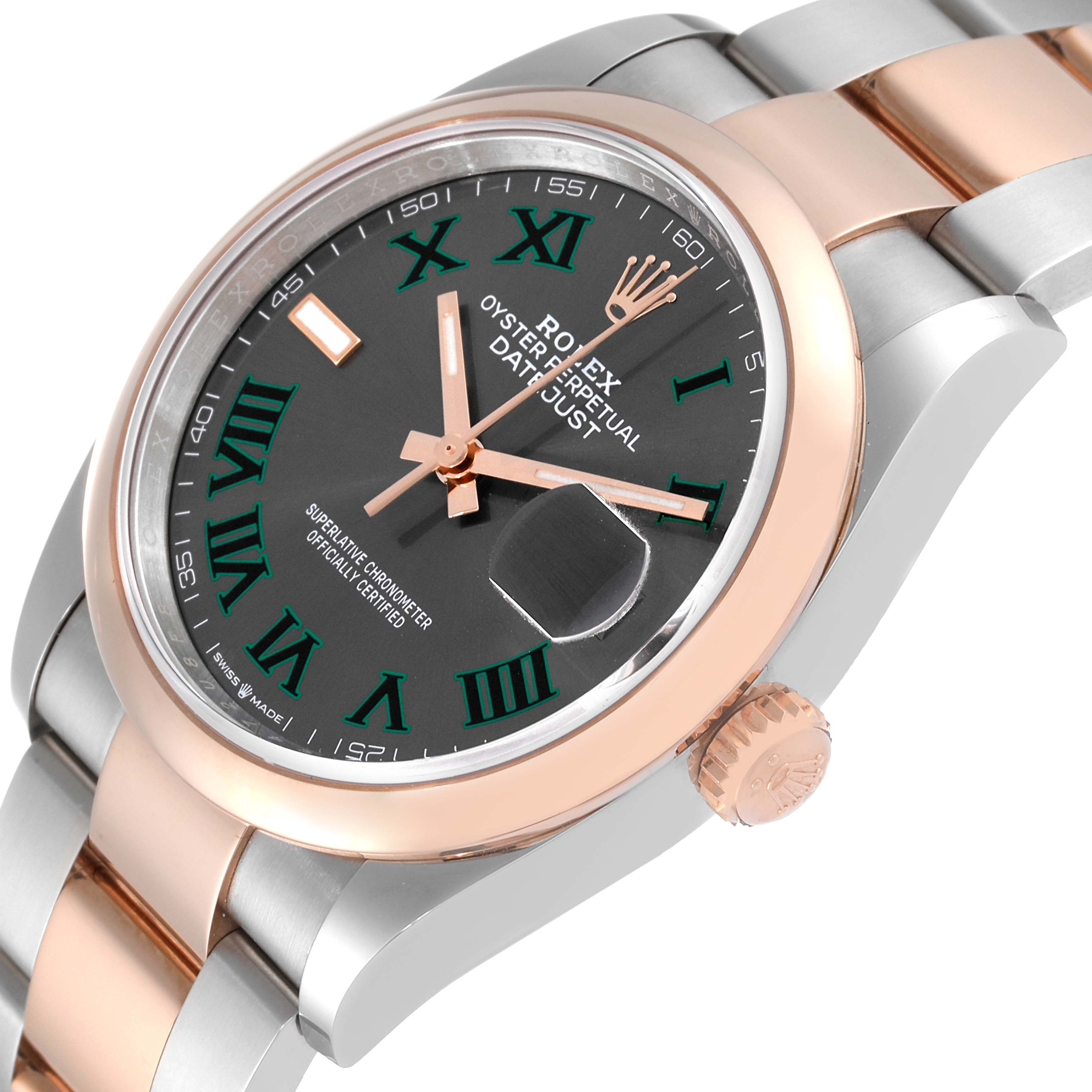 The Rolex Datejust 126201 Men's Steel and Gold (two tone) Grey Dial 126201 Men's Steel and Gold (two tone) Grey Dial watch is shown at an oblique angle, highlighting its dial, bezel, bracelet, and crown.