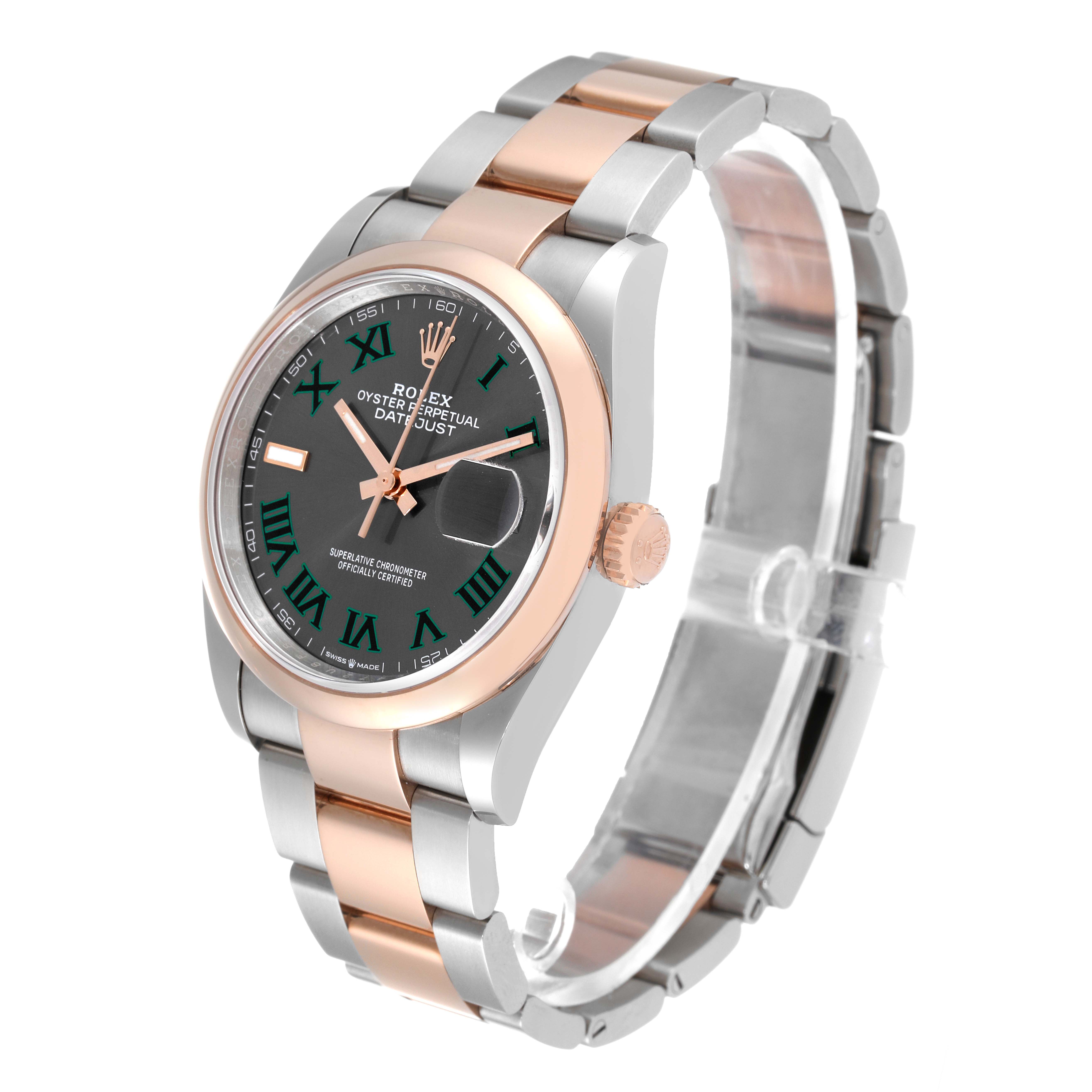 The image shows a side angle of a Rolex Datejust 126201 Men's Steel and Gold (two tone) Grey Dial 126201 Men's Steel and Gold (two tone) Grey Dial watch displaying its dial, bezel, crown, and bracelet.