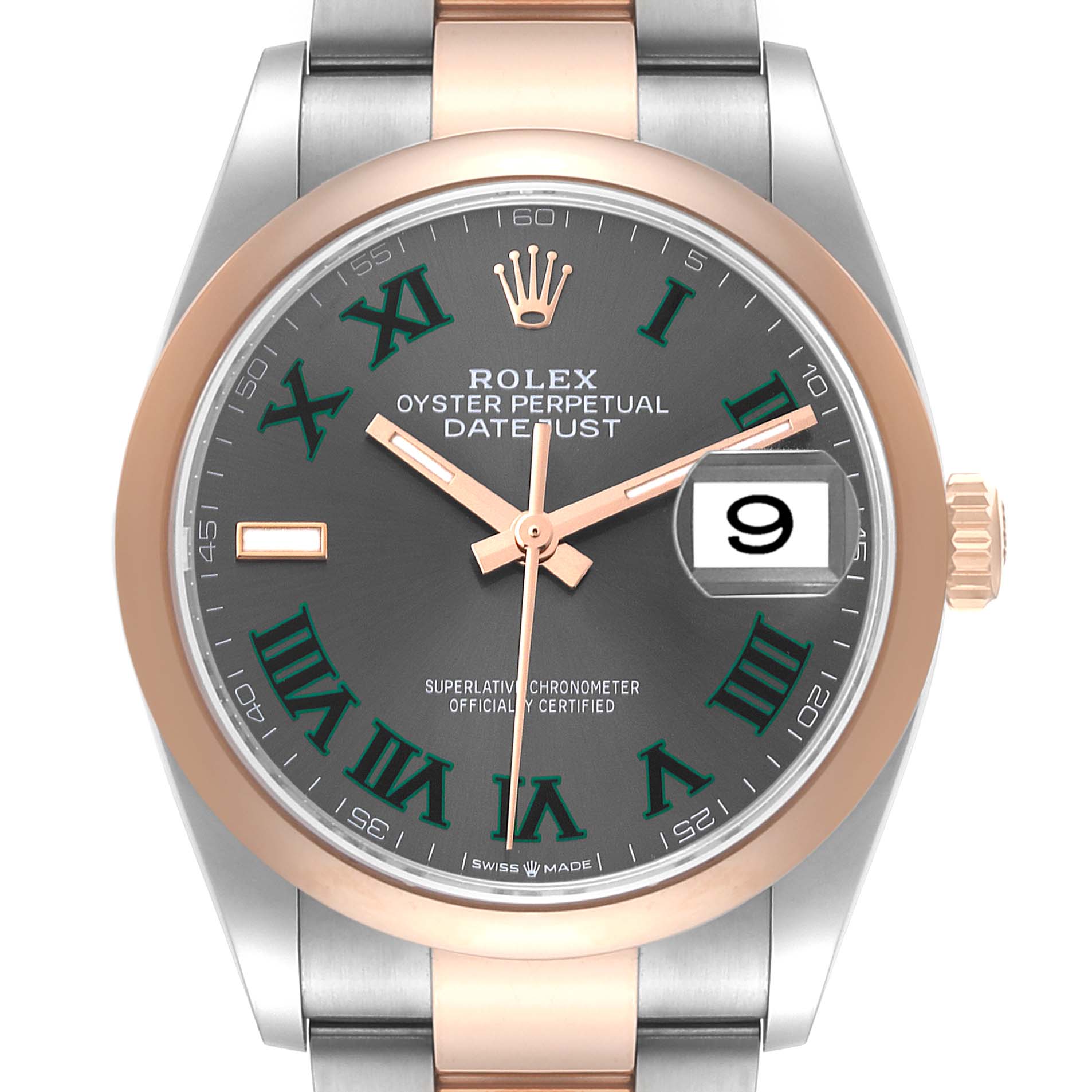 The image shows a close-up front view of the Rolex Datejust 126201 Men's Steel and Gold (two tone) Grey Dial 126201 Men's Steel and Gold (two tone) Grey Dial watch, displaying the dial, hands, date window, and part of the band.