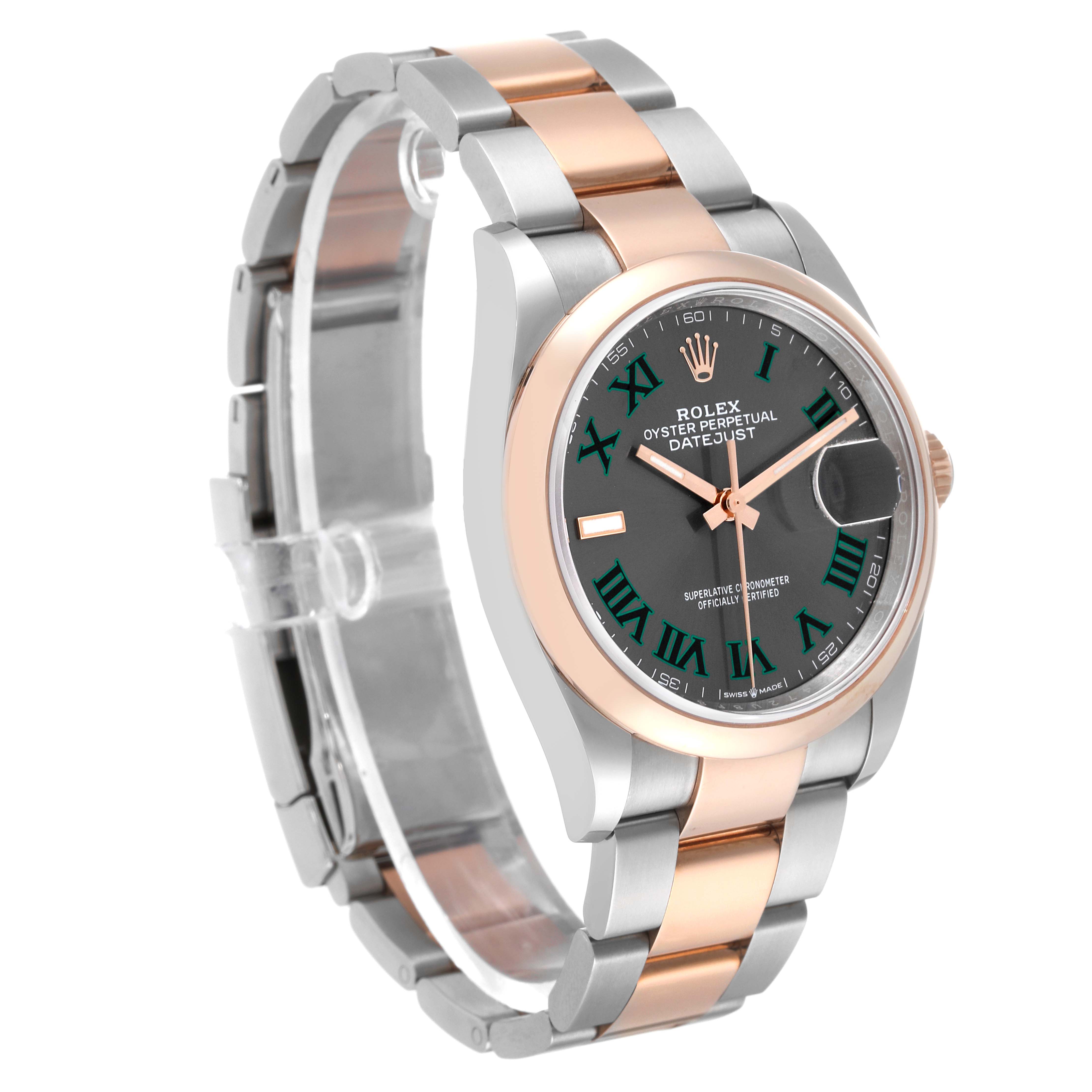 This image shows a Rolex Datejust 126201 Men's Steel and Gold (two tone) Grey Dial 126201 Men's Steel and Gold (two tone) Grey Dial watch from an angled side view, highlighting the bezel, dial, and two-tone bracelet.