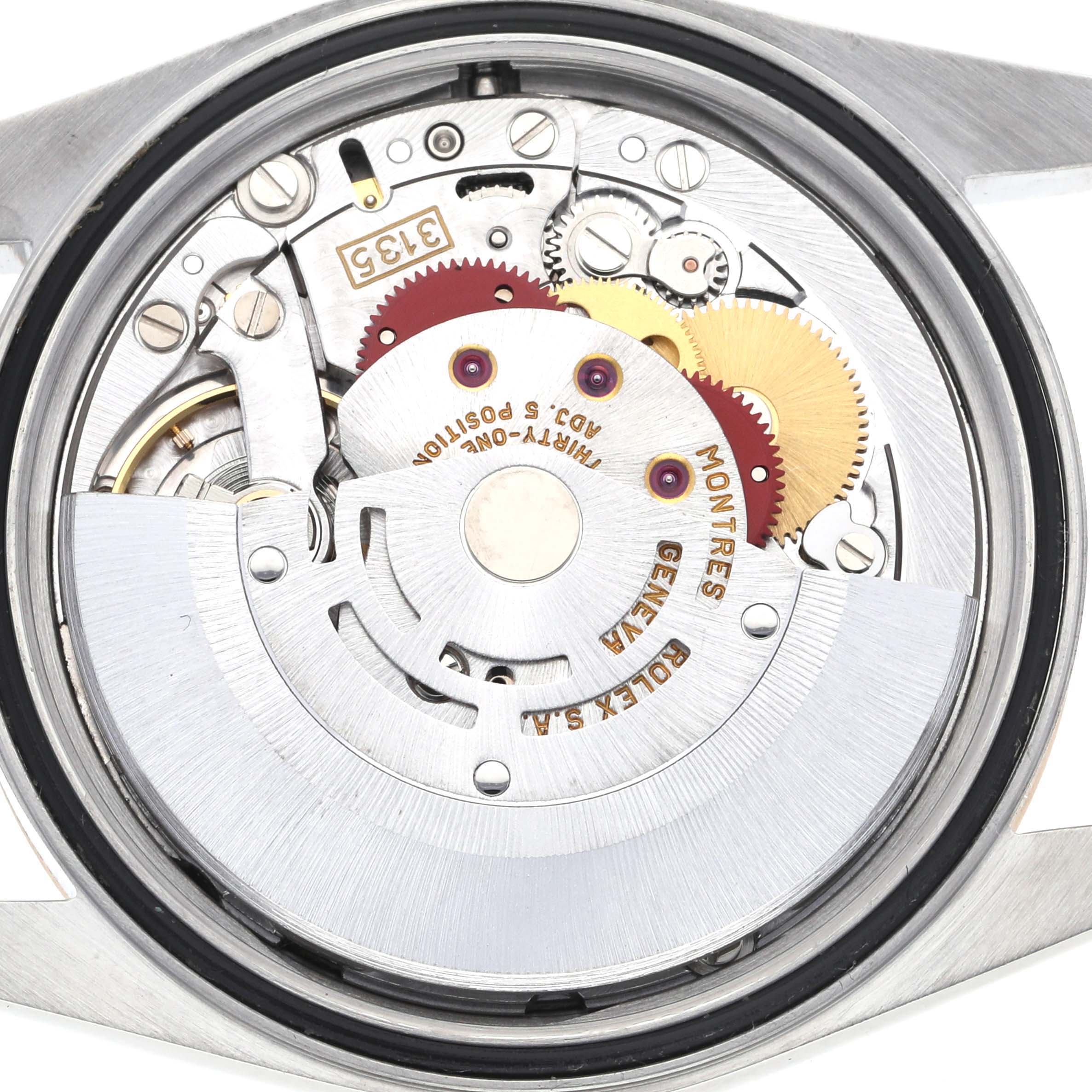 The image shows the movement mechanism of a Rolex Datejust 16233 Men's Steel and Gold (two tone) Champagne Dial 16233 Men's Steel and Gold (two tone) Champagne Dial watch from a top-down angle.