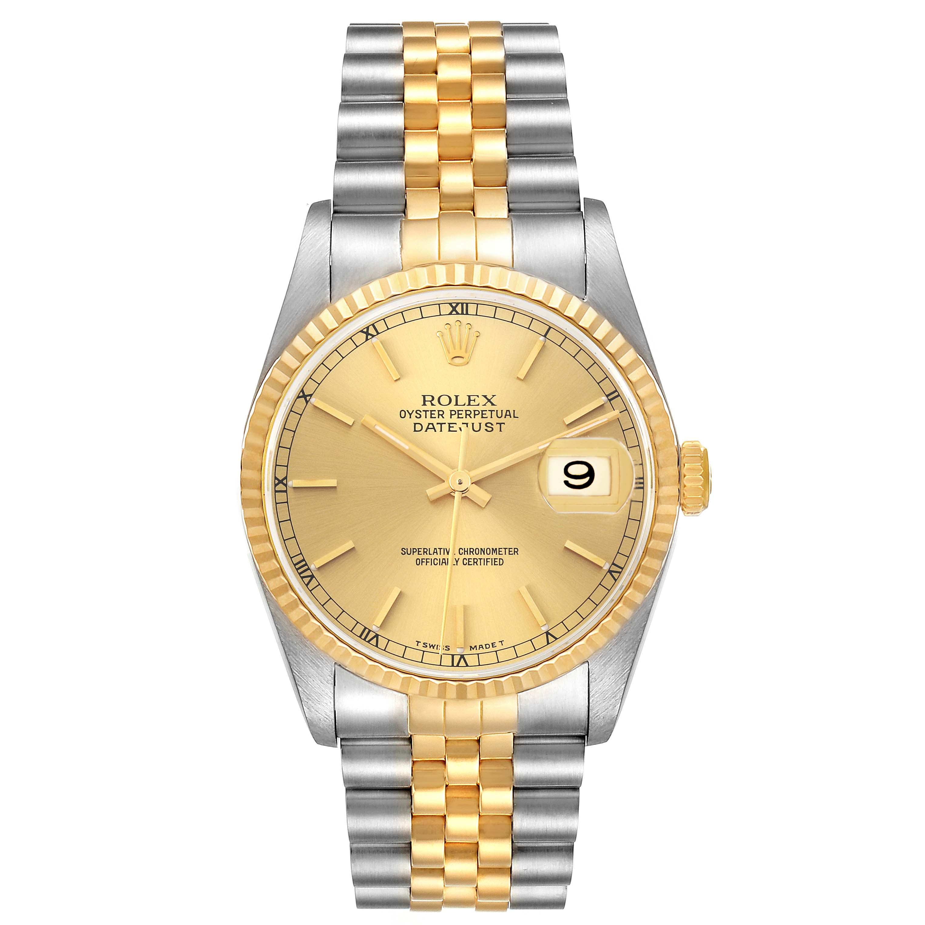The Rolex Datejust 16233 Men's Steel and Gold (two tone) Champagne Dial 16233 Men's Steel and Gold (two tone) Champagne Dial watch is shown from the front, highlighting its dial, fluted bezel, and two-tone bracelet.