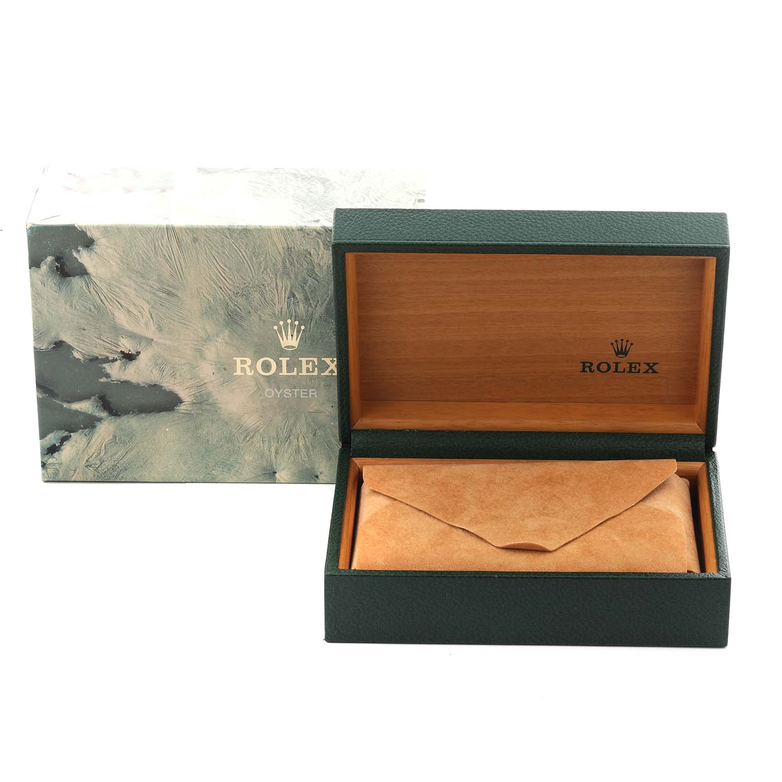 The image shows the packaging for a Rolex Datejust 16233 Men's Steel and Gold (two tone) Champagne Dial 16233 Men's Steel and Gold (two tone) Champagne Dial, including an open wooden box and an outer box with the Rolex logo.