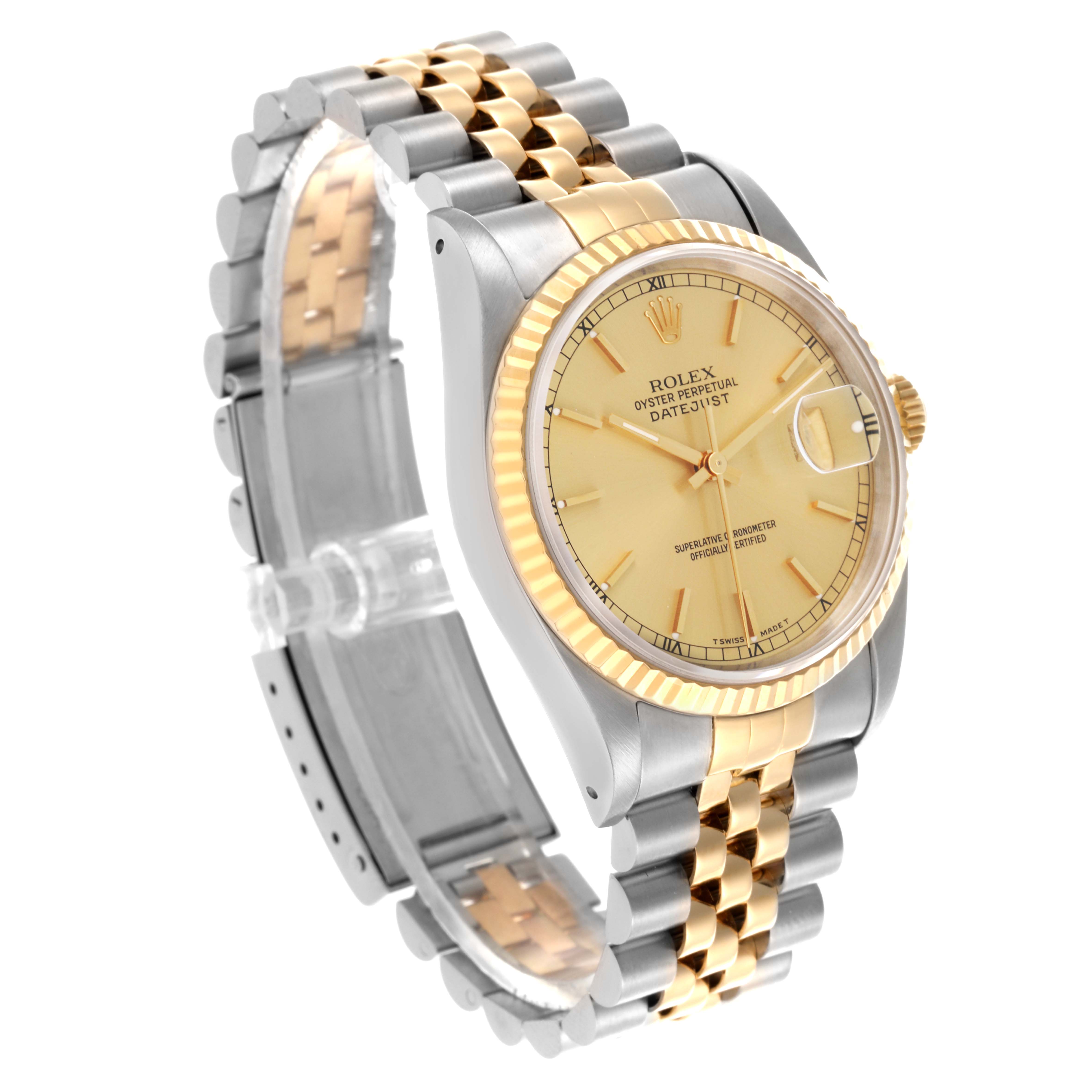 The Rolex Datejust 16233 Men's Steel and Gold (two tone) Champagne Dial 16233 Men's Steel and Gold (two tone) Champagne Dial watch is shown at an angled view, highlighting the dial, bezel, and two-tone bracelet.