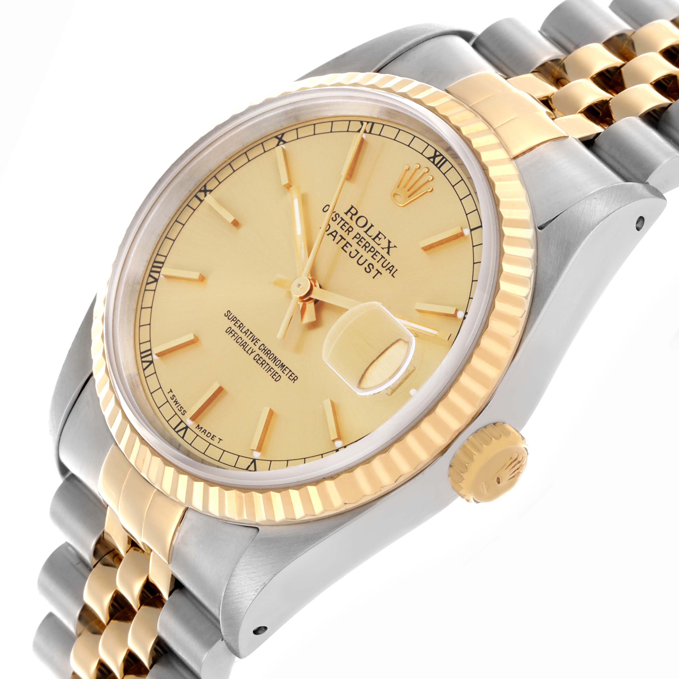 The Rolex Datejust 16233 Men's Steel and Gold (two tone) Champagne Dial 16233 Men's Steel and Gold (two tone) Champagne Dial watch is shown at an angled view highlighting the gold dial, fluted bezel, and two-tone Jubilee bracelet.