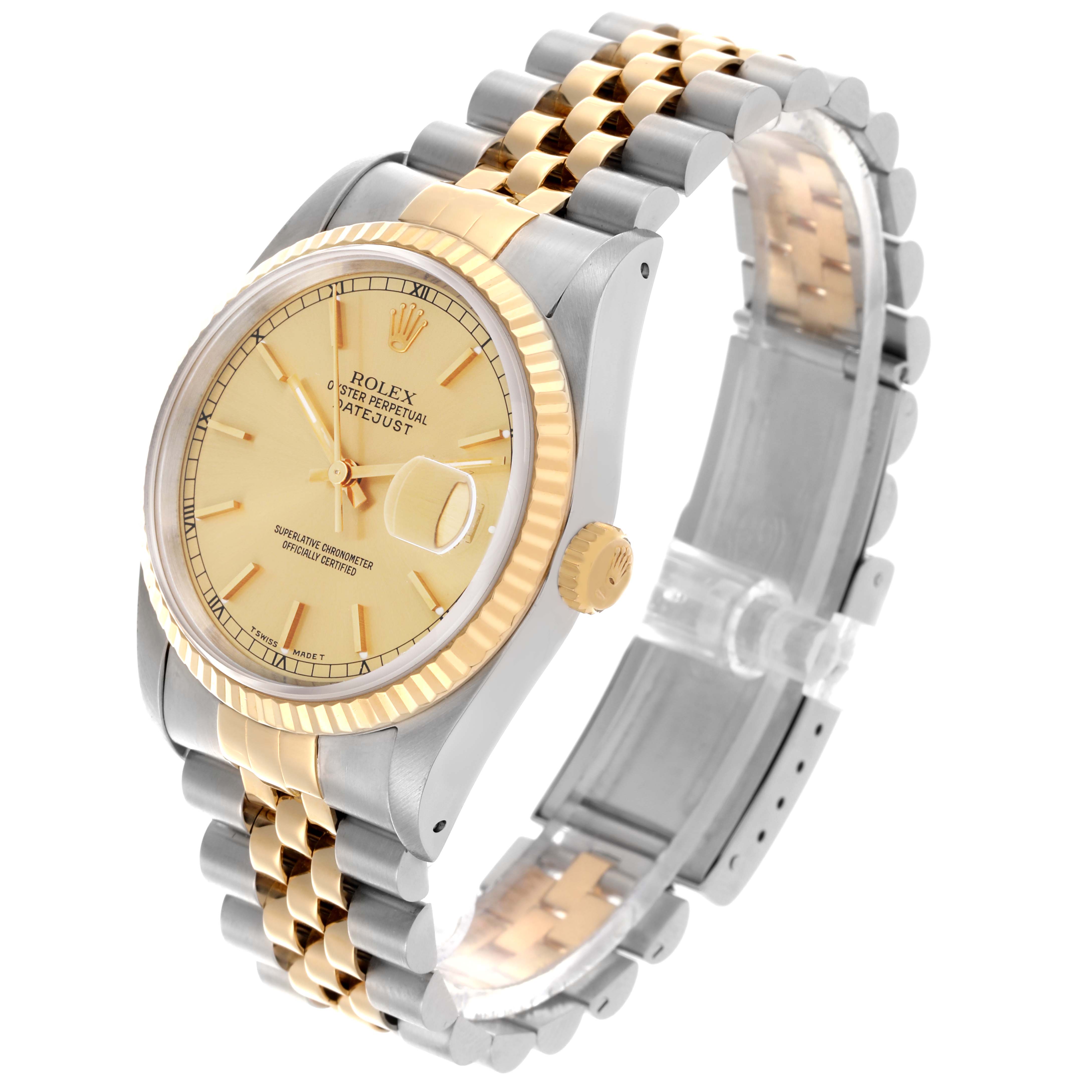 The Rolex Datejust 16233 Men's Steel and Gold (two tone) Champagne Dial 16233 Men's Steel and Gold (two tone) Champagne Dial watch is shown at a three-quarter angle, highlighting the dial, bezel, crown, and jubilee bracelet.
