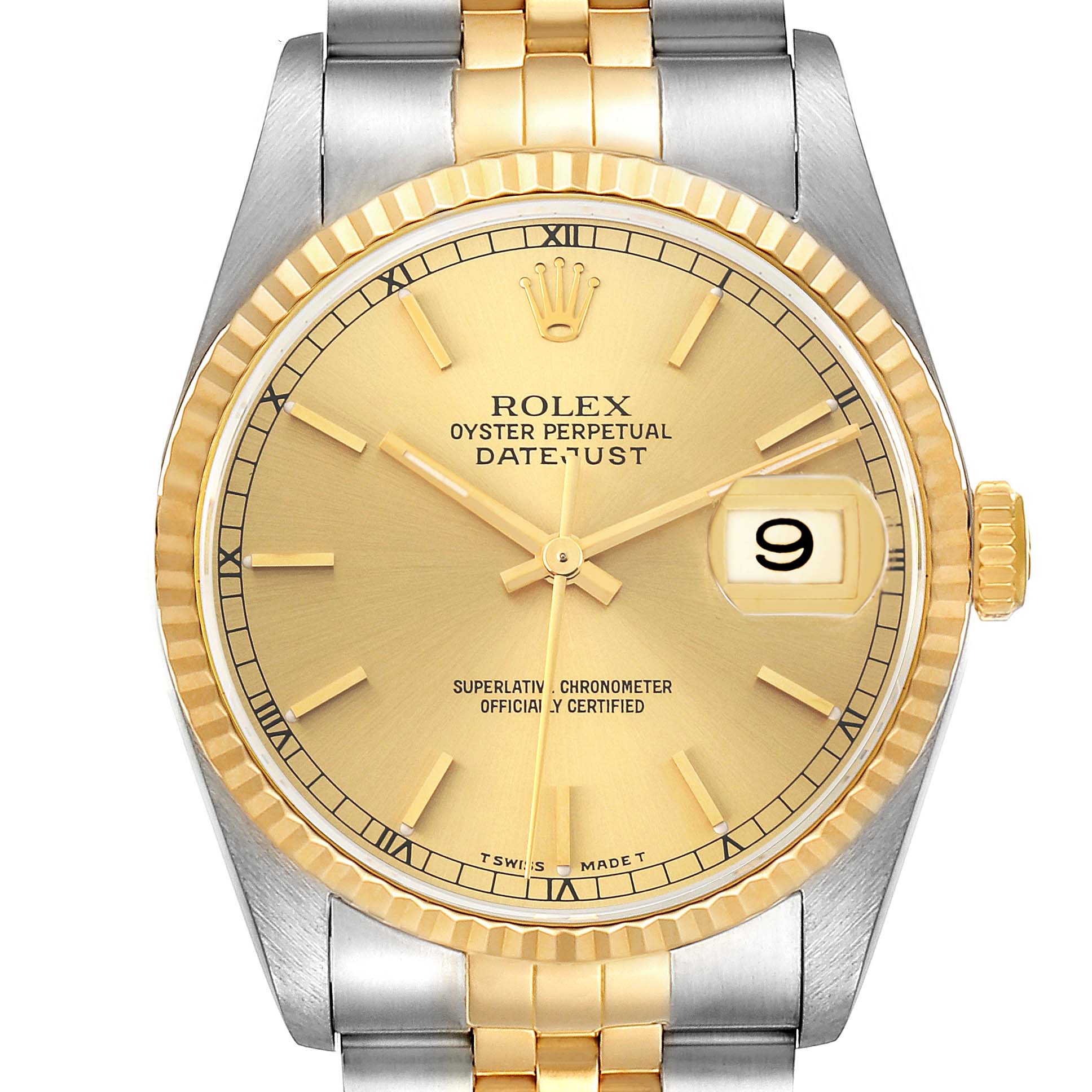 The Rolex Datejust 16233 Men's Steel and Gold (two tone) Champagne Dial 16233 Men's Steel and Gold (two tone) Champagne Dial watch is shown from the front, highlighting its gold dial, fluted bezel, and two-tone bracelet.