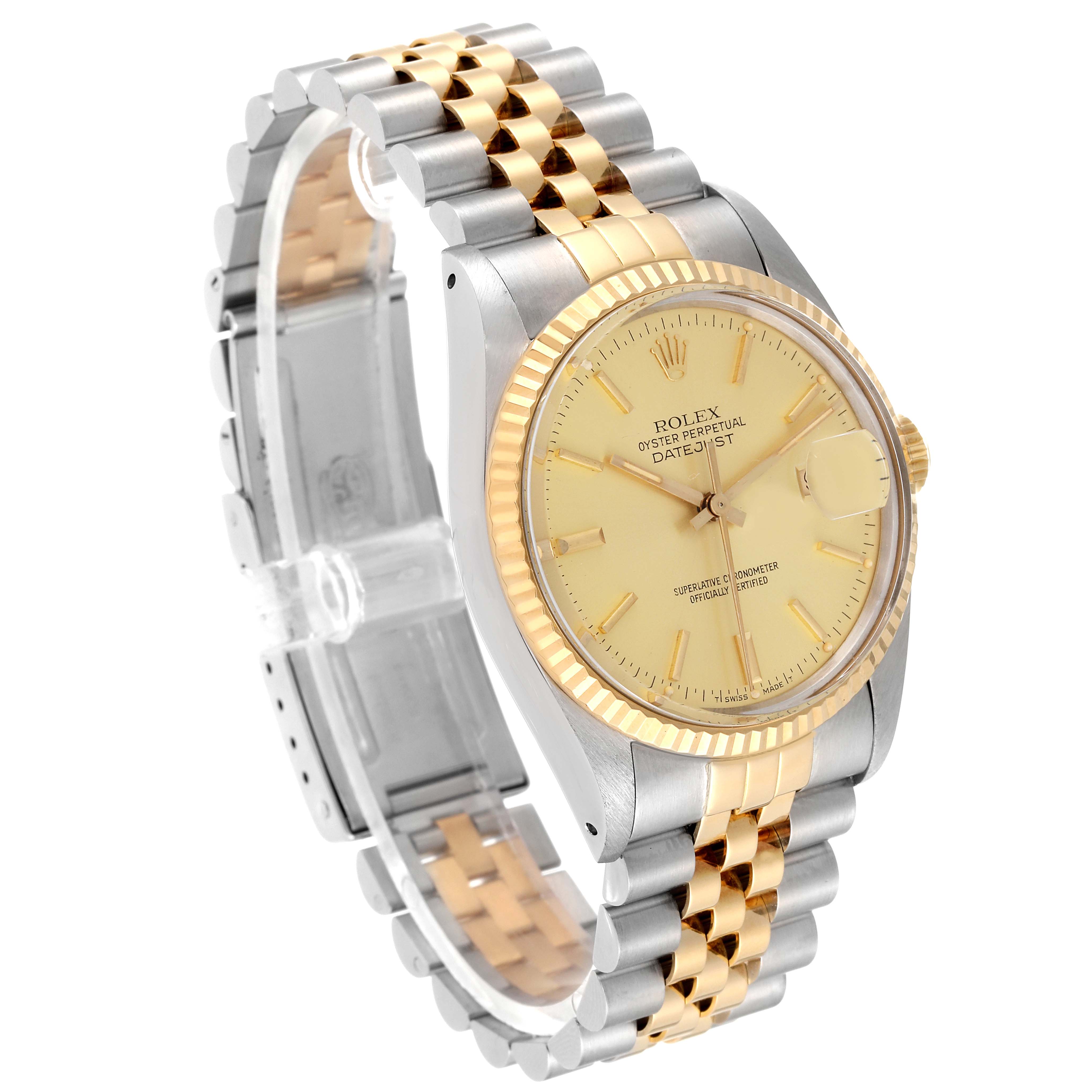 The image shows a Rolex Vintage Collection 16013 Men's Steel and Gold (two tone) Champagne Dial 16013 Men's Steel and Gold (two tone) Champagne Dial model watch at an angle showcasing its gold and silver band, dial, and bezel.