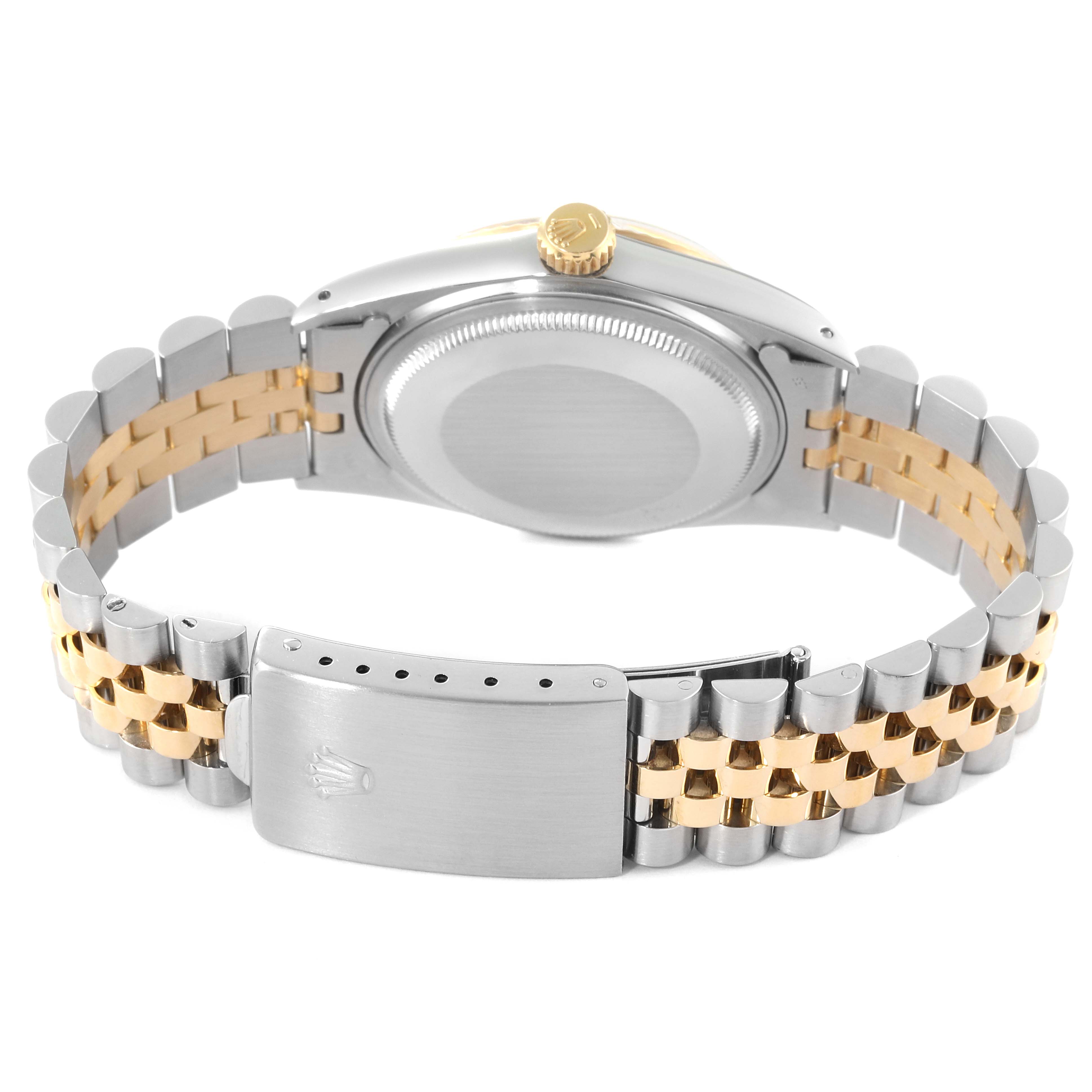 The image shows the back, clasp, and bracelet of the Rolex Vintage Collection 16013 Men's Steel and Gold (two tone) Champagne Dial 16013 Men's Steel and Gold (two tone) Champagne Dial model watch in a mix of silver and gold tones.