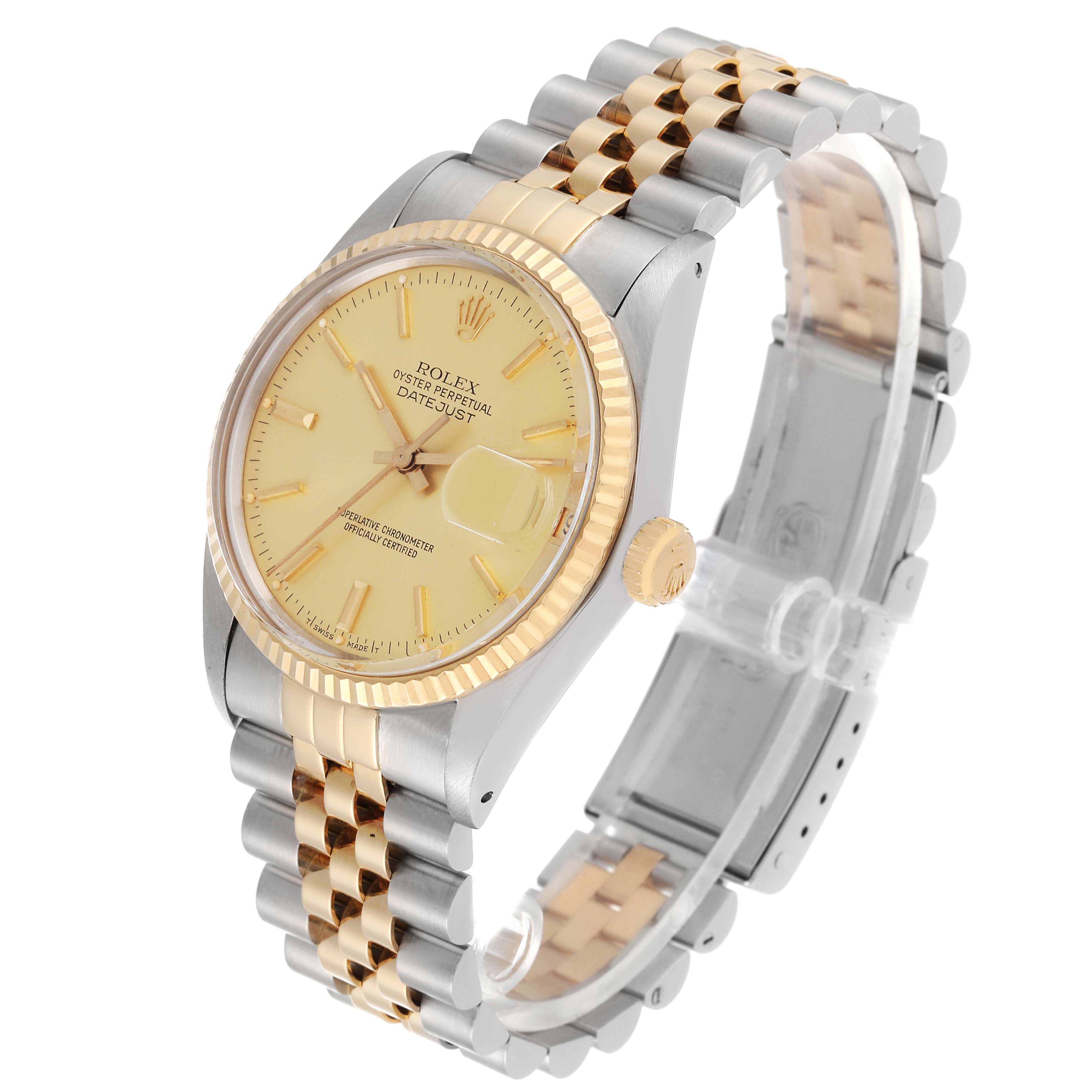 The image shows a side angle of the Rolex Vintage Collection 16013 Men's Steel and Gold (two tone) Champagne Dial 16013 Men's Steel and Gold (two tone) Champagne Dial Datejust, highlighting the dial, bezel, and bracelet.