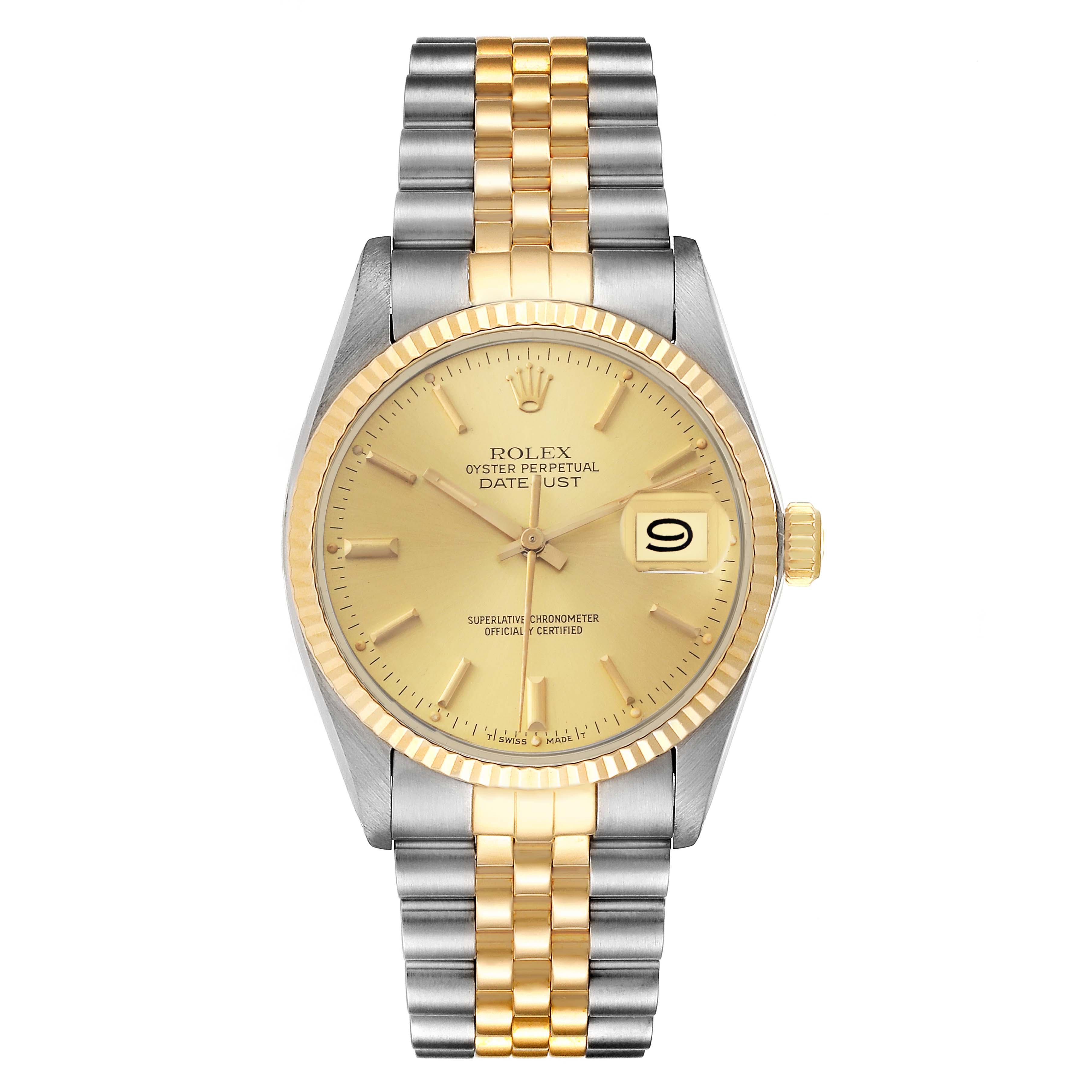 This image shows a front view of the Rolex Vintage Collection 16013 Men's Steel and Gold (two tone) Champagne Dial 16013 Men's Steel and Gold (two tone) Champagne Dial model watch, highlighting its dial, bezel, bracelet, and date feature.