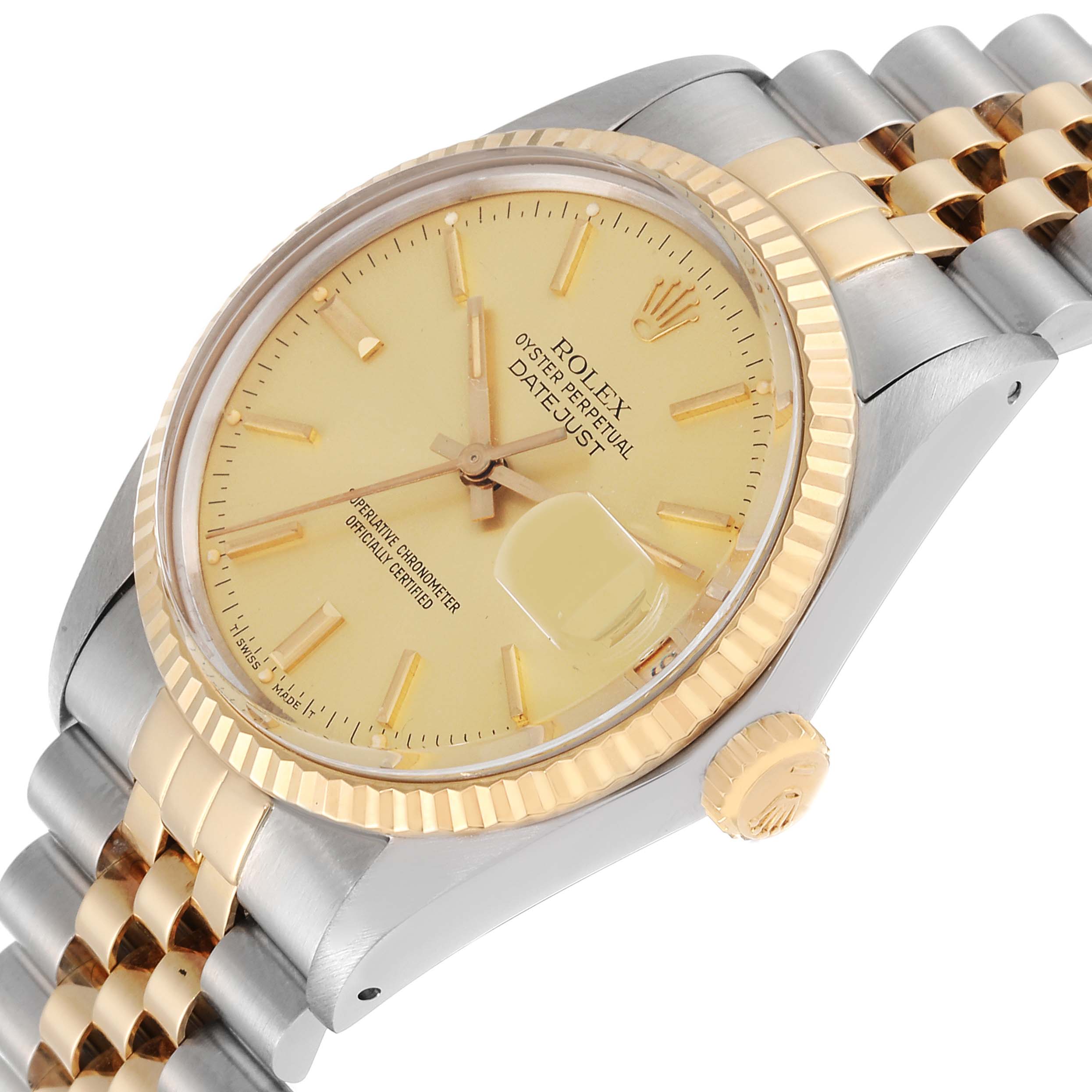 The image shows a side angle view of the Rolex Vintage Collection 16013 Men's Steel and Gold (two tone) Champagne Dial 16013 Men's Steel and Gold (two tone) Champagne Dial Datejust watch, highlighting the dial, bezel, and bracelet.